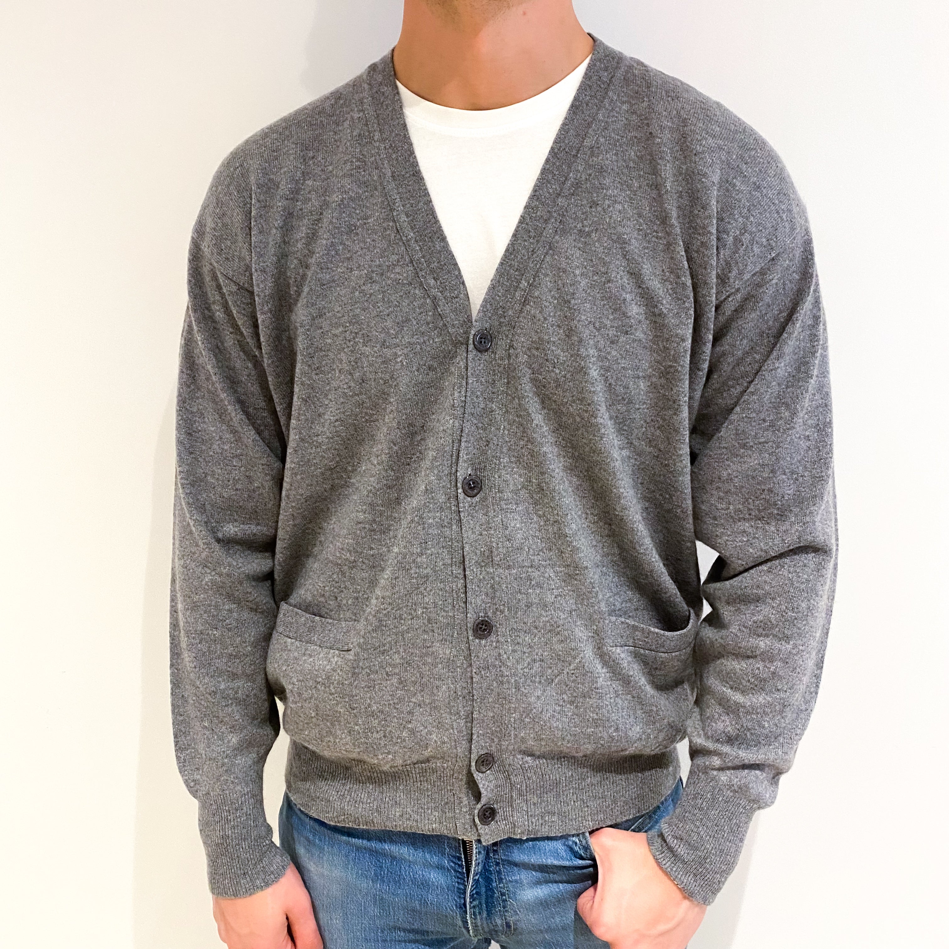 Men's Ash Grey Cashmere V Neck Cardigan XXL