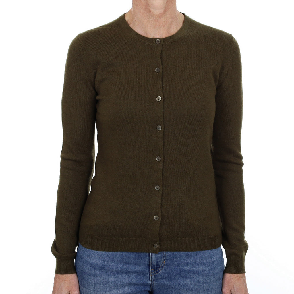 Army Green Cashmere Crew Neck Cardigan Small