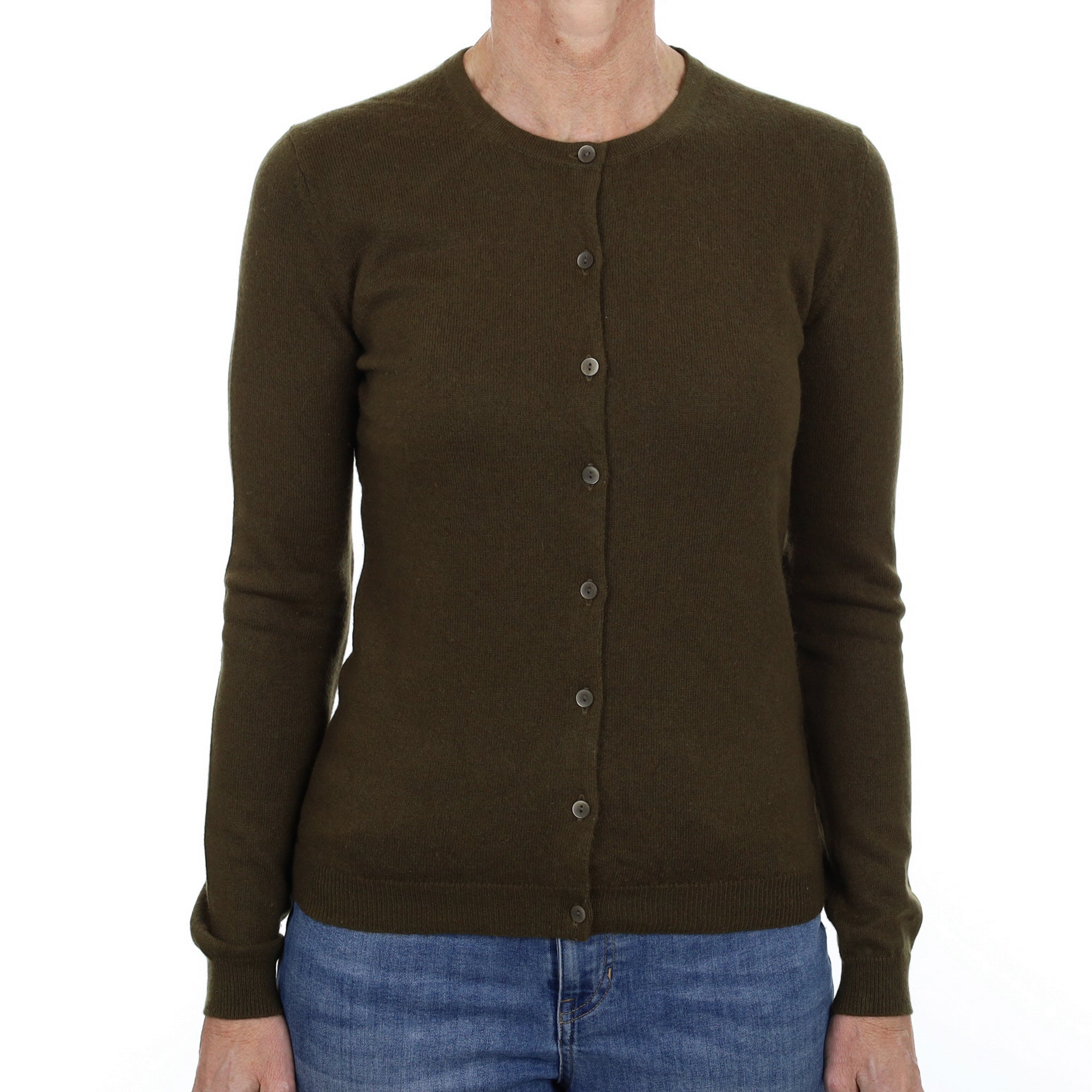 Army Green Cashmere Crew Neck Cardigan Small