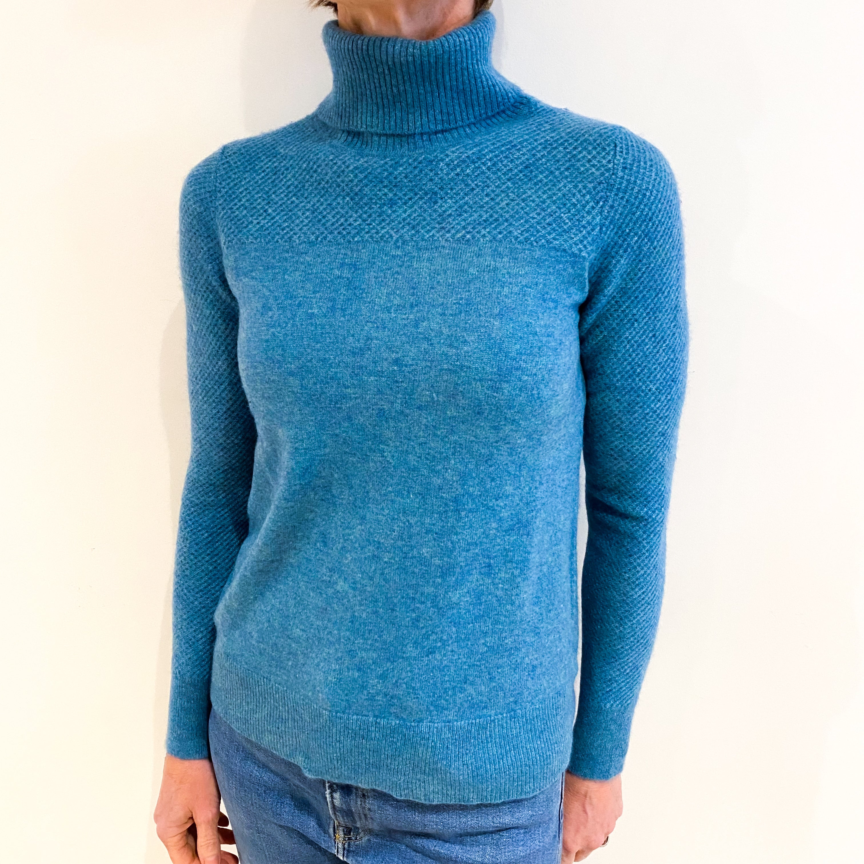 Aqua Blue Marl Cashmere Polo Neck Jumper Small