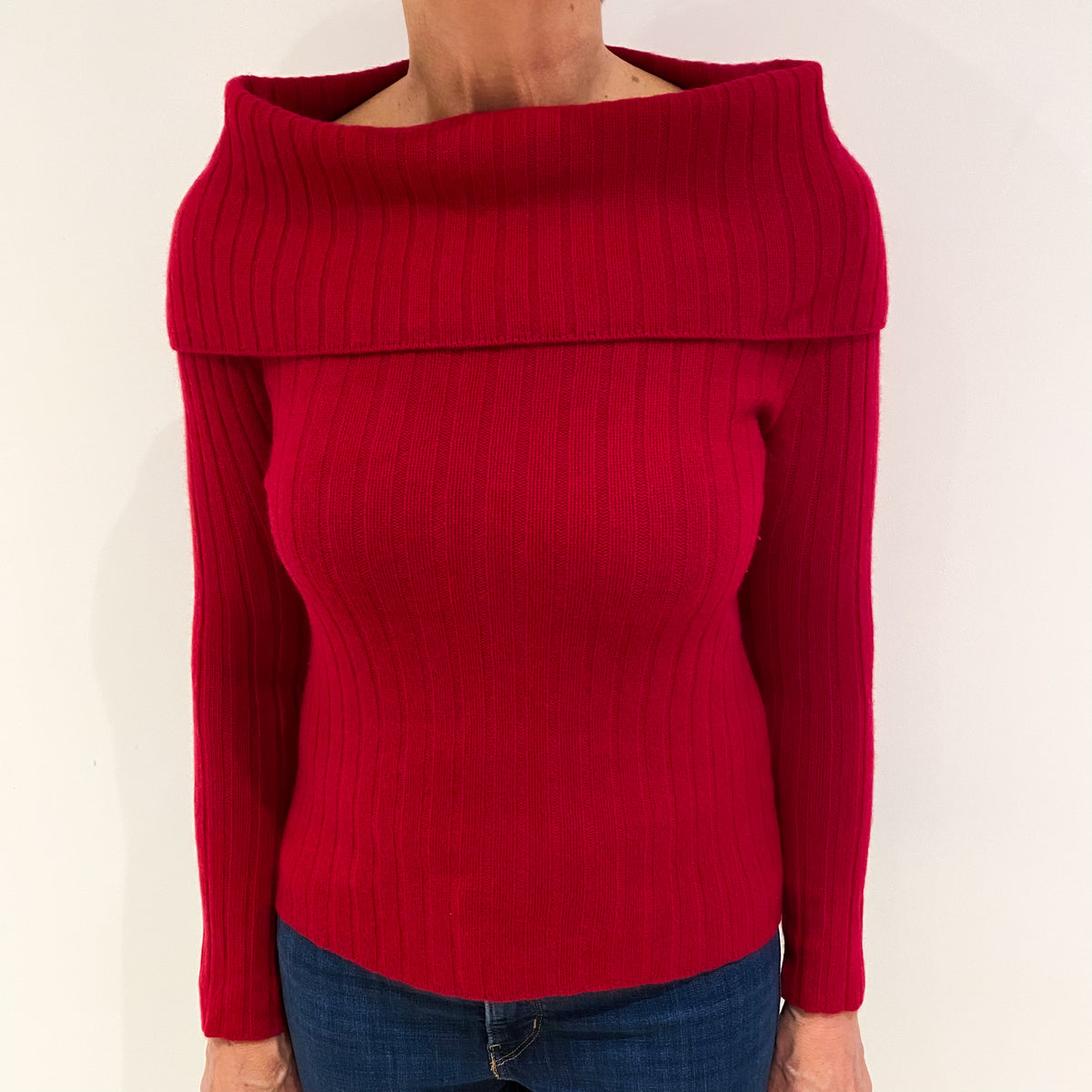 Raspberry Pink Ribbed Cashmere Bardot Jumper Medium