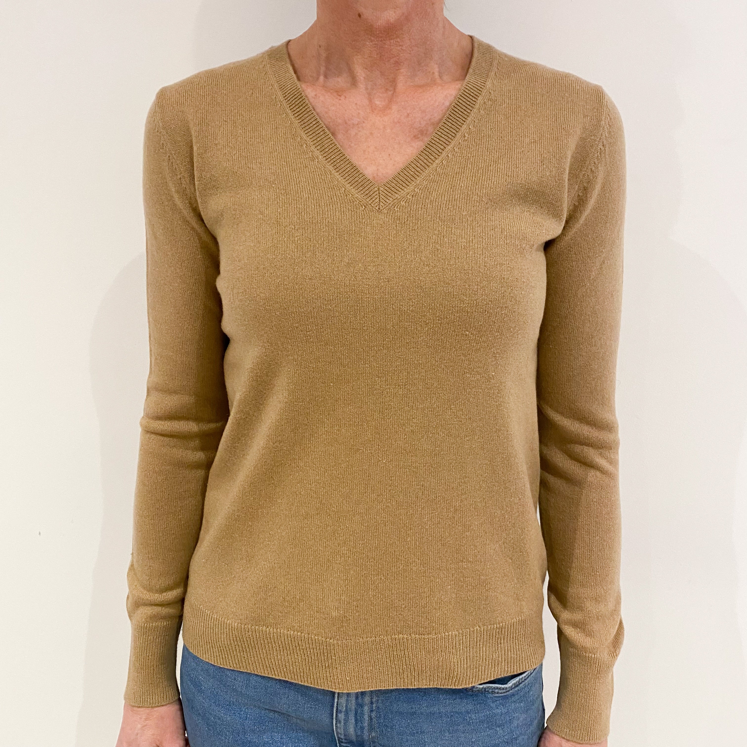 Camel Brown Cashmere V Neck Jumper Small