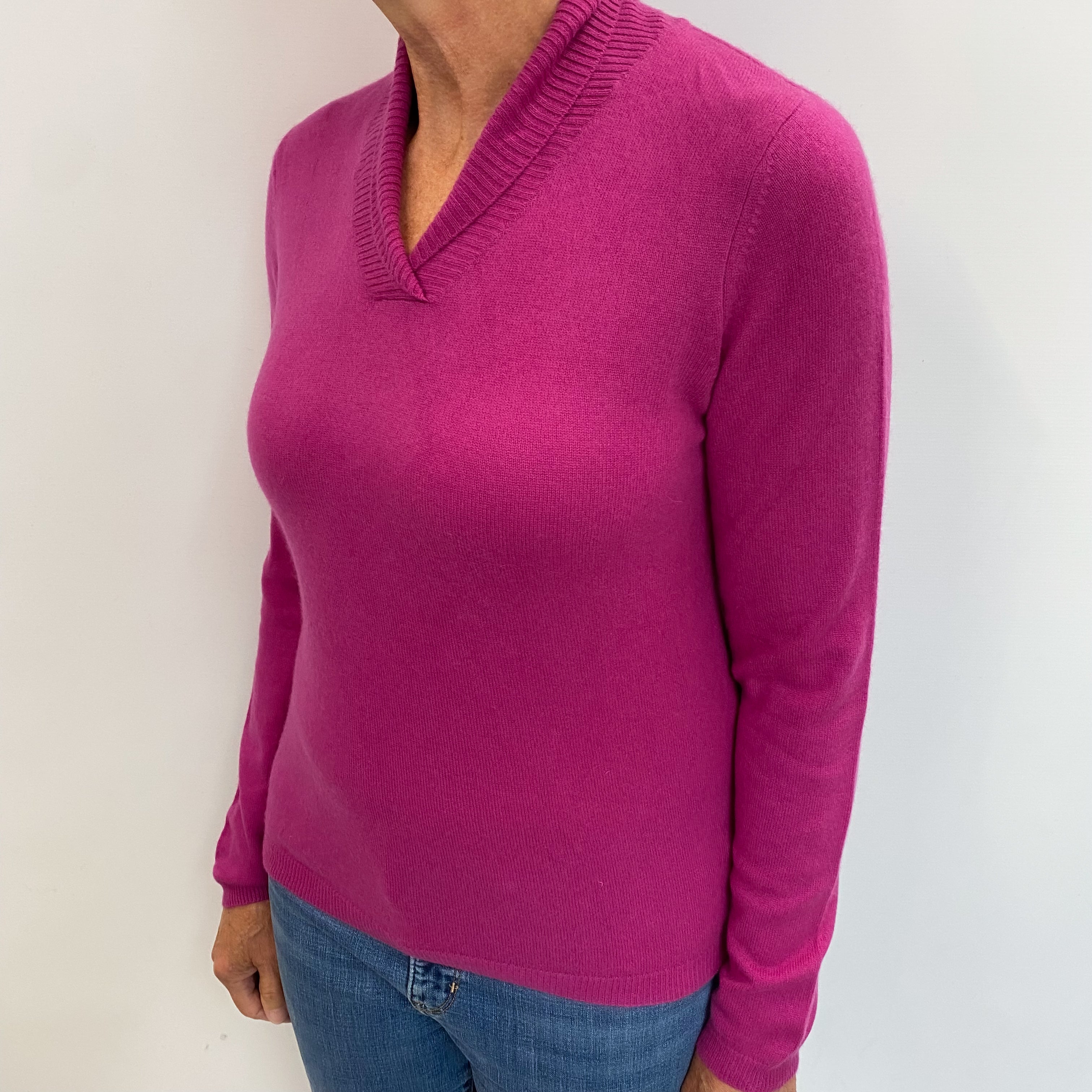 Fuchsia Pink Cashmere Collared V Neck Jumper Medium