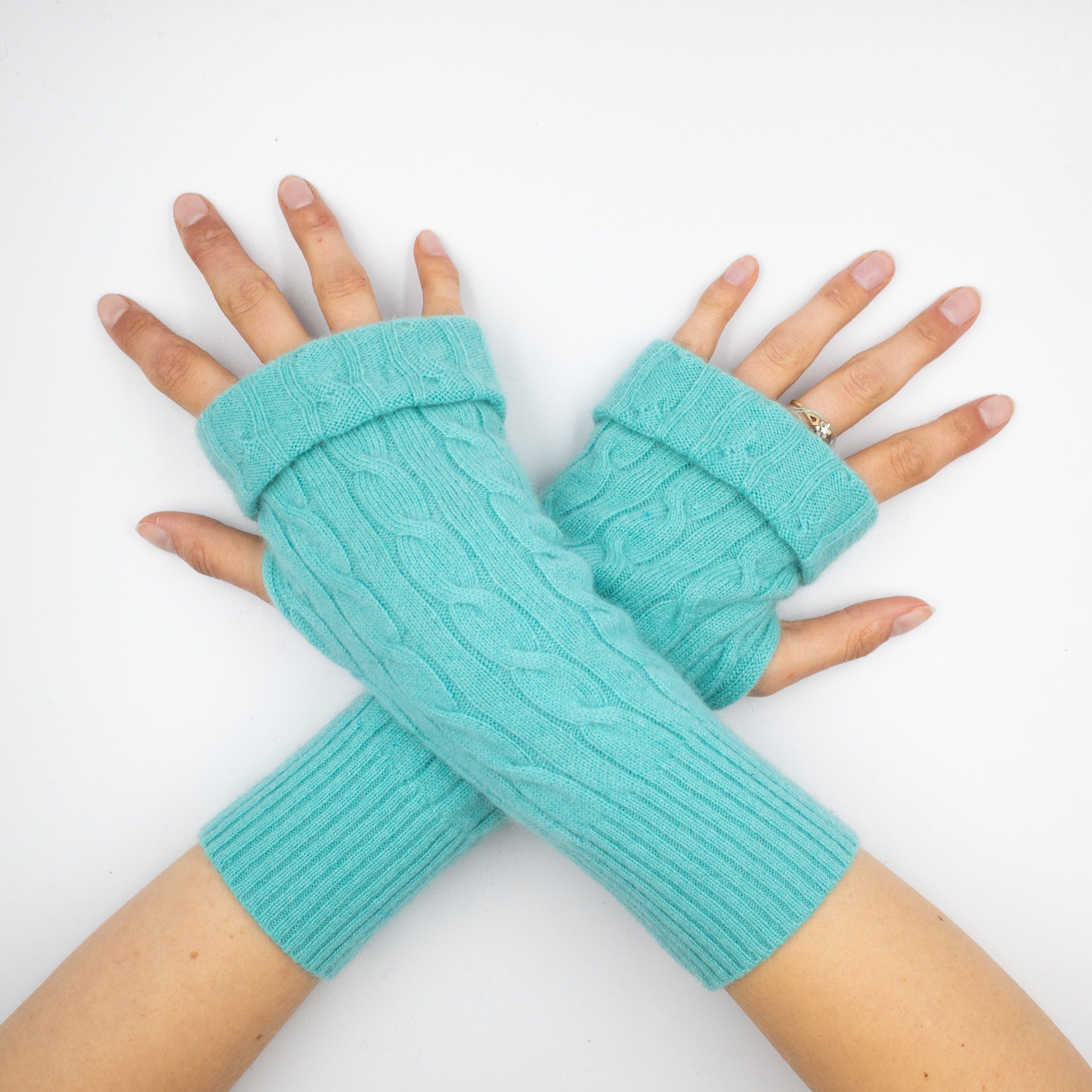 Aqua Green Cable Fingerless Gloves