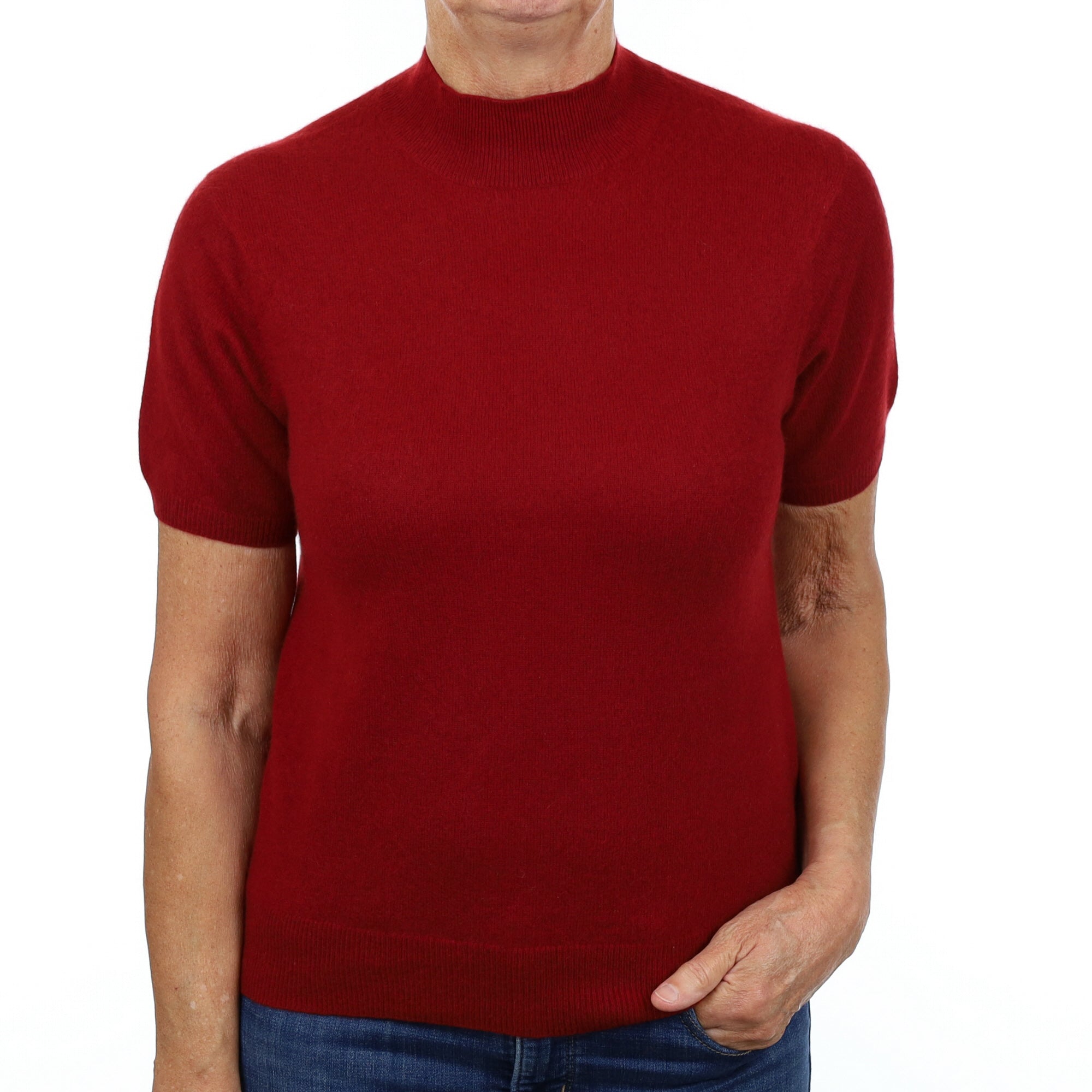 Crimson Red Cashmere Turtle Neck Short Sleeved Jumper Medium