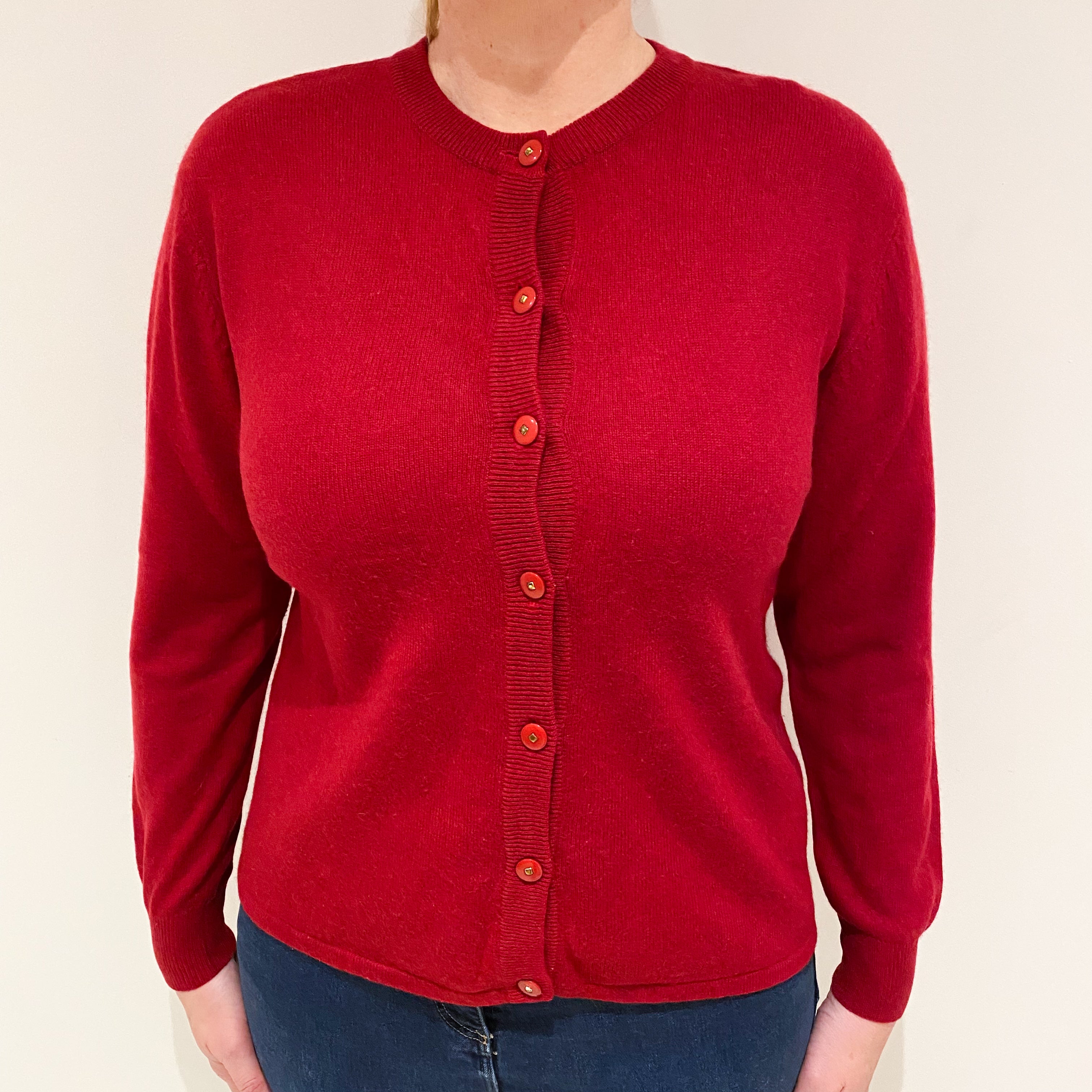 Crimson Red Cashmere Crew Neck Cardigan Large