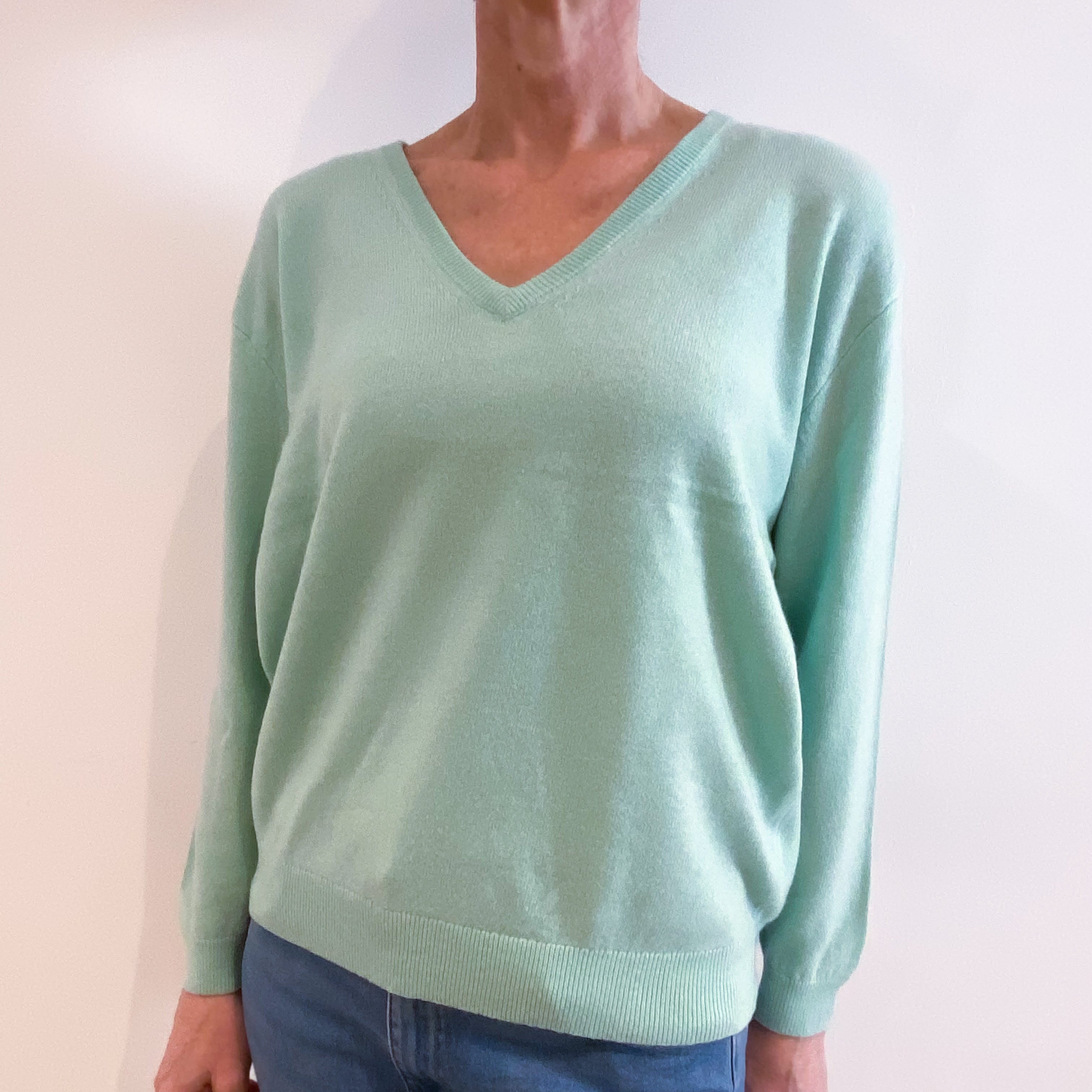 Deep Mint Green Cashmere V Neck Jumper Small