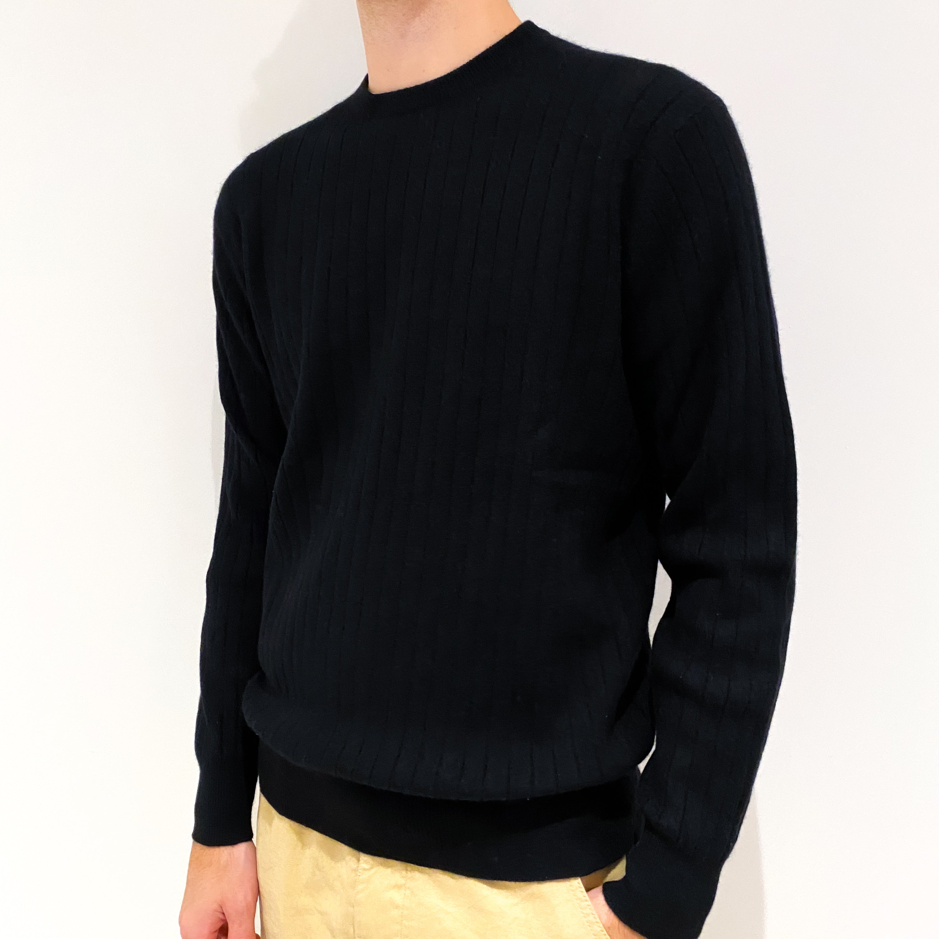 Men's Black Wide Rib Cashmere Crew Neck Jumper Large