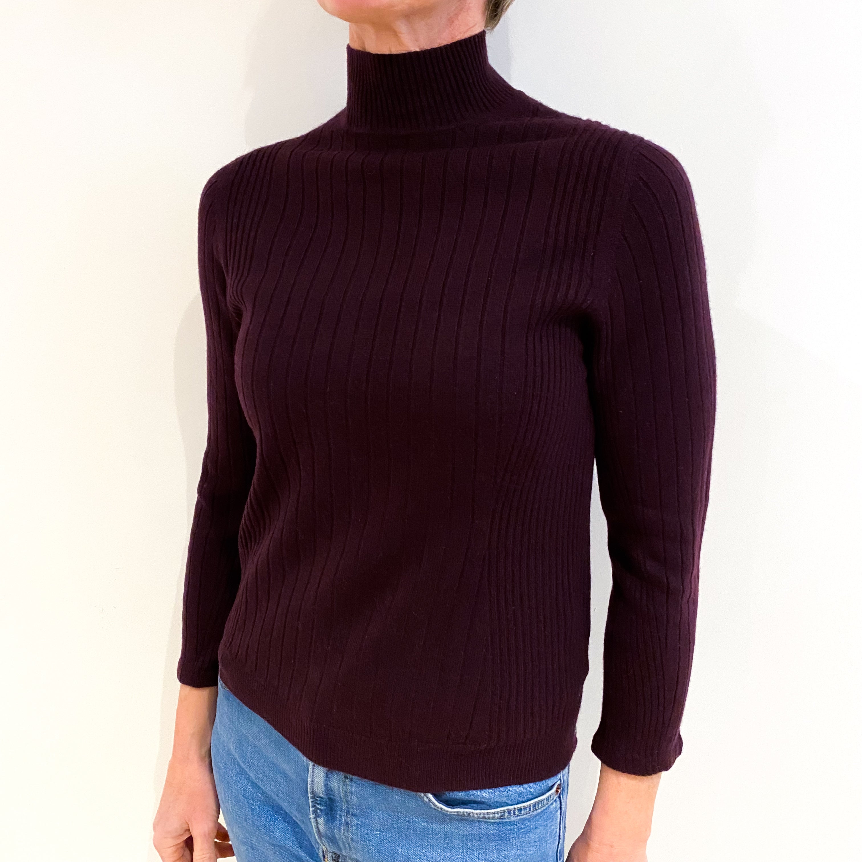 Deep Aubergine Rib Knit Cashmere Turtle Neck Jumper Small