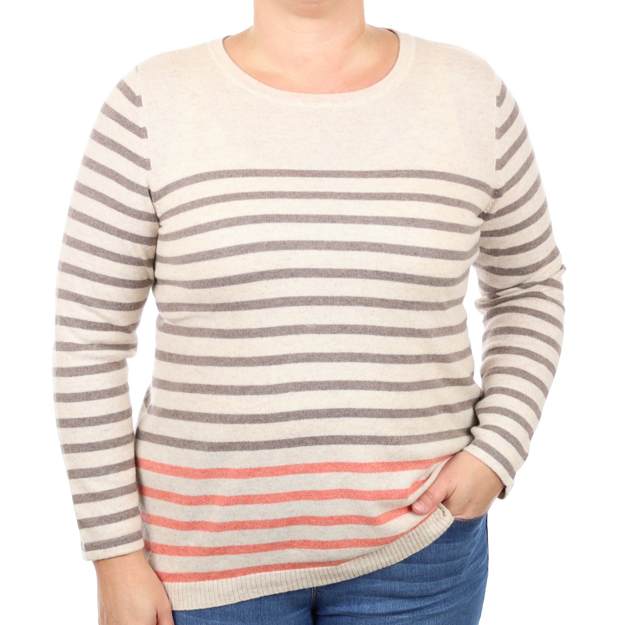 Oatmeal Stripe Cashmere Crew Neck Jumper Large