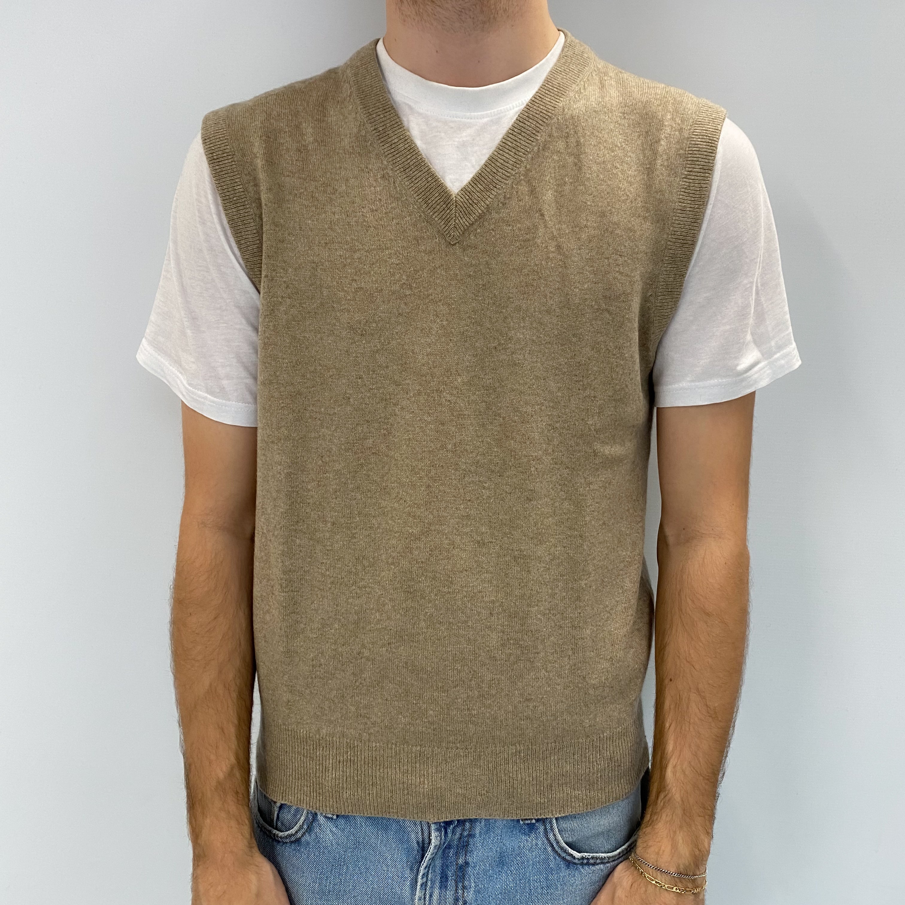 Men's Biscuit Brown Cashmere Sleeveless V Neck Jumper Large