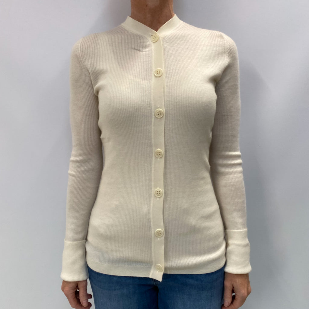 Vanilla Cream Cashmere High V Neck Ribbed Knit Cardigan Small