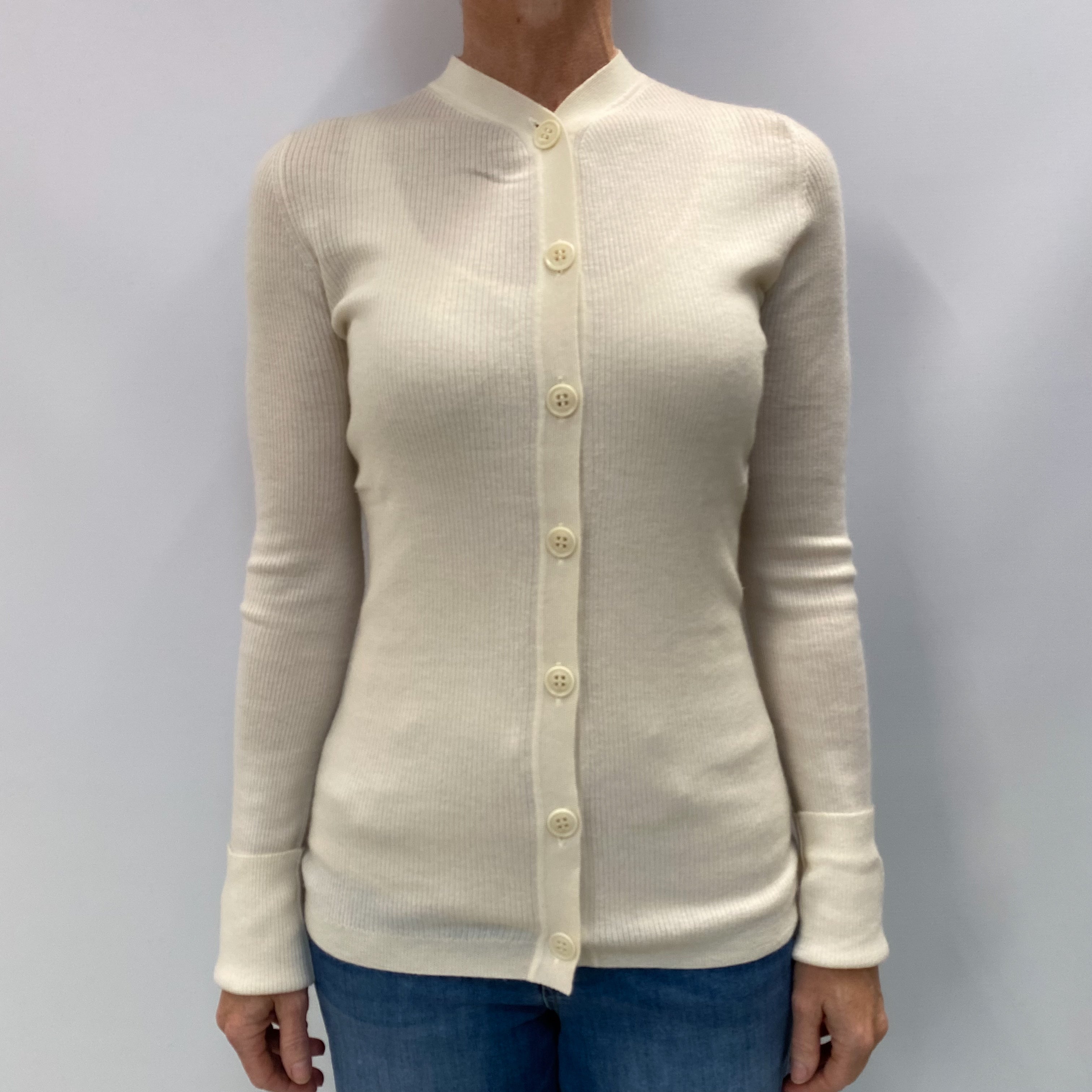 Vanilla Cream Cashmere High V Neck Ribbed Knit Cardigan Small