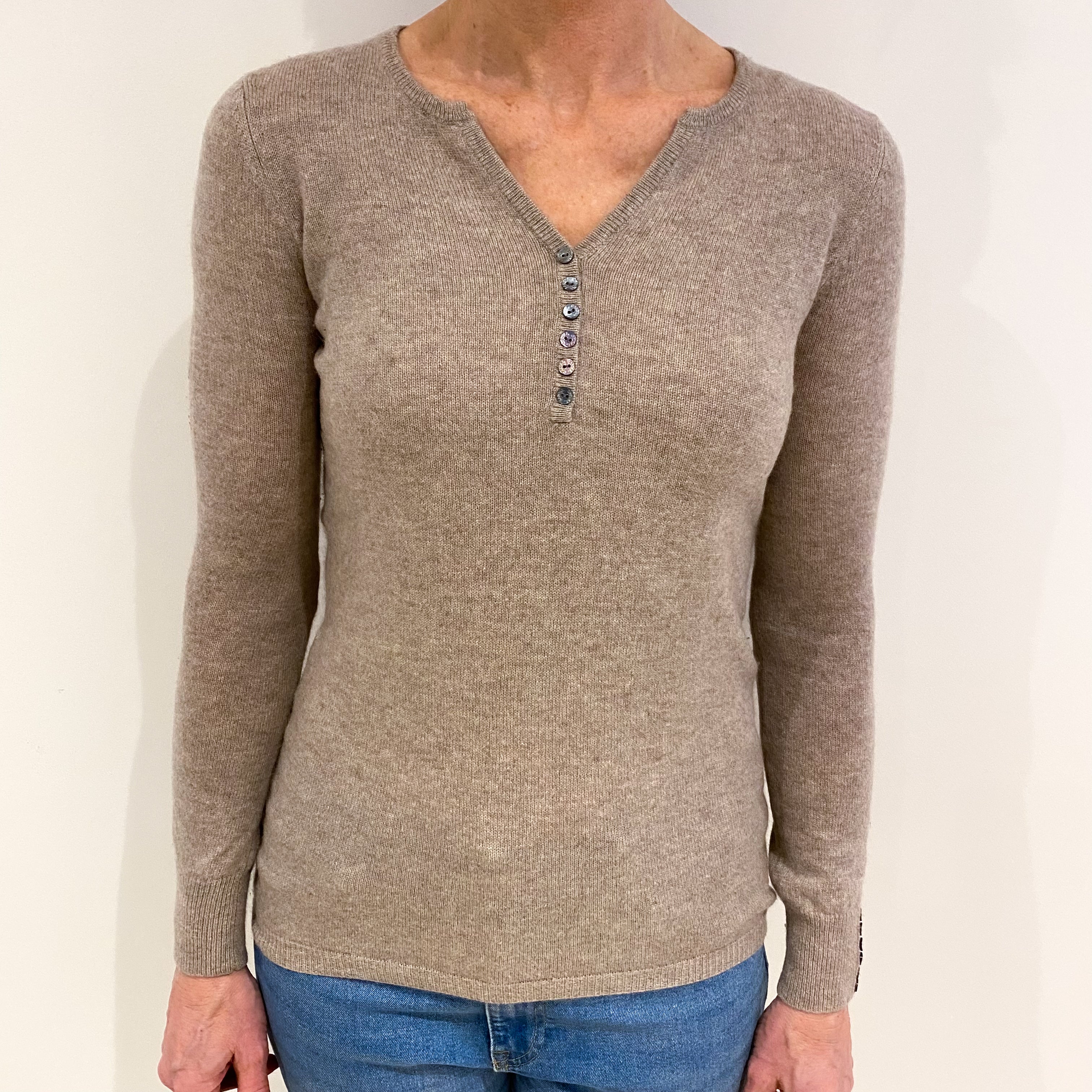 Biscuit Beige Cashmere Buttoned V Neck Jumper Small