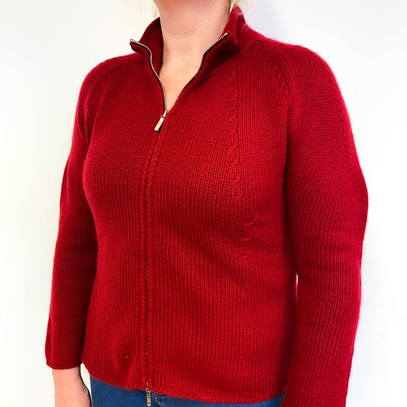 Crimson Red Chunky Cashmere Zip Turtle Neck Cardigan Large
