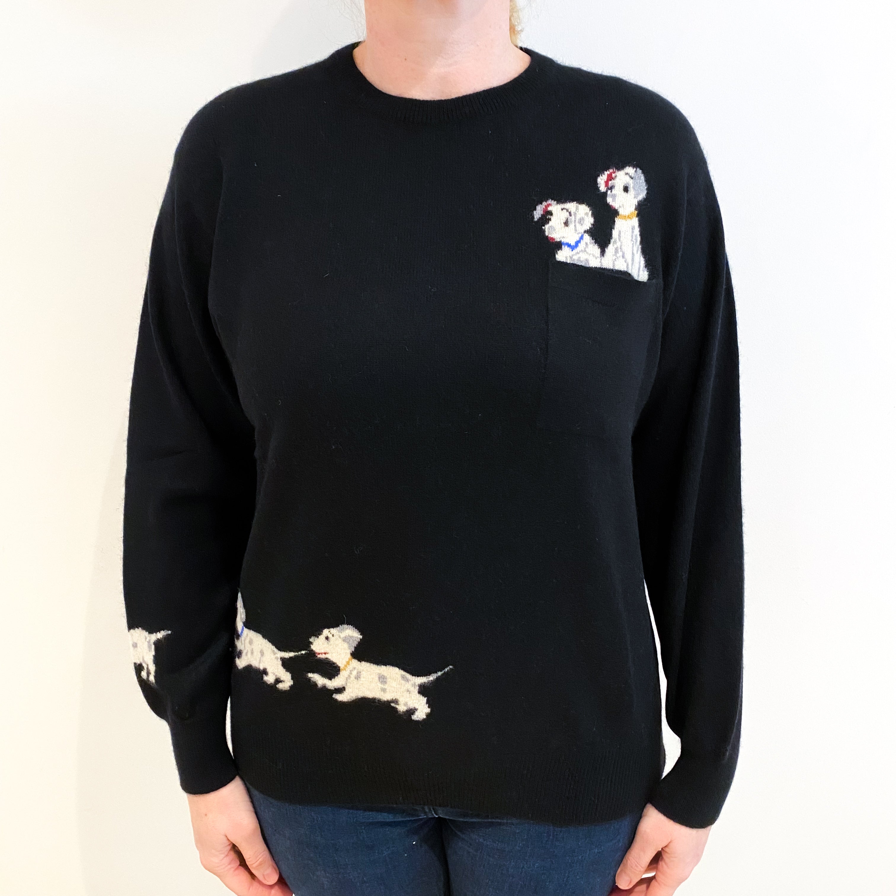 Scottish Black ‘101 Dalmatian’ Cashmere Crew Neck Jumper Large