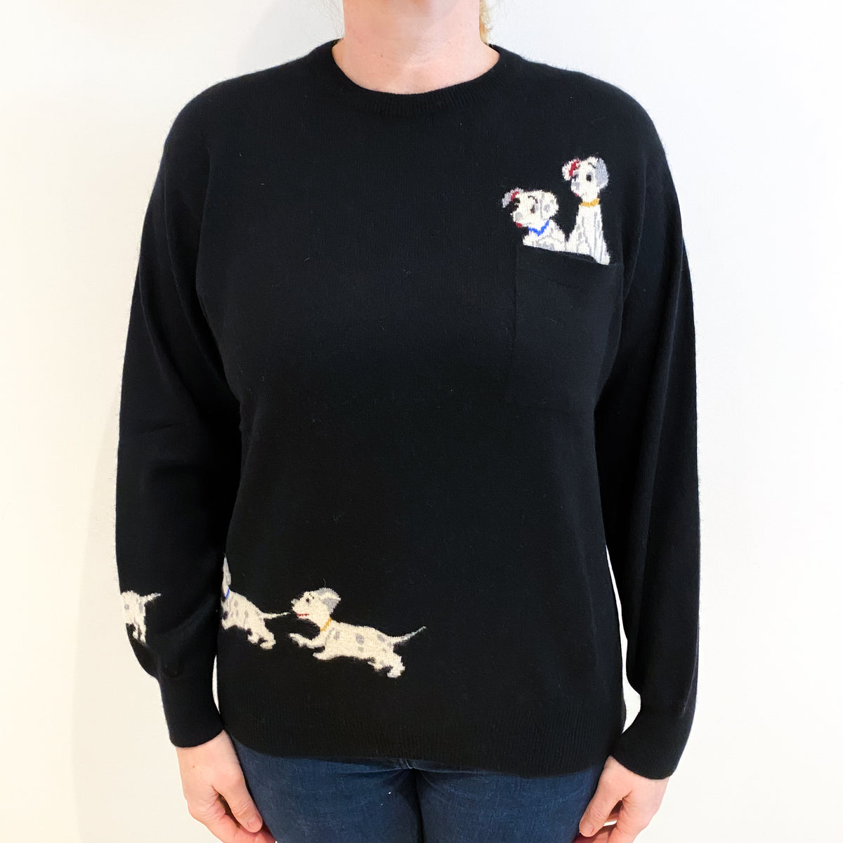 Scottish Black ‘101 Dalmatian’ Cashmere Crew Neck Jumper Large