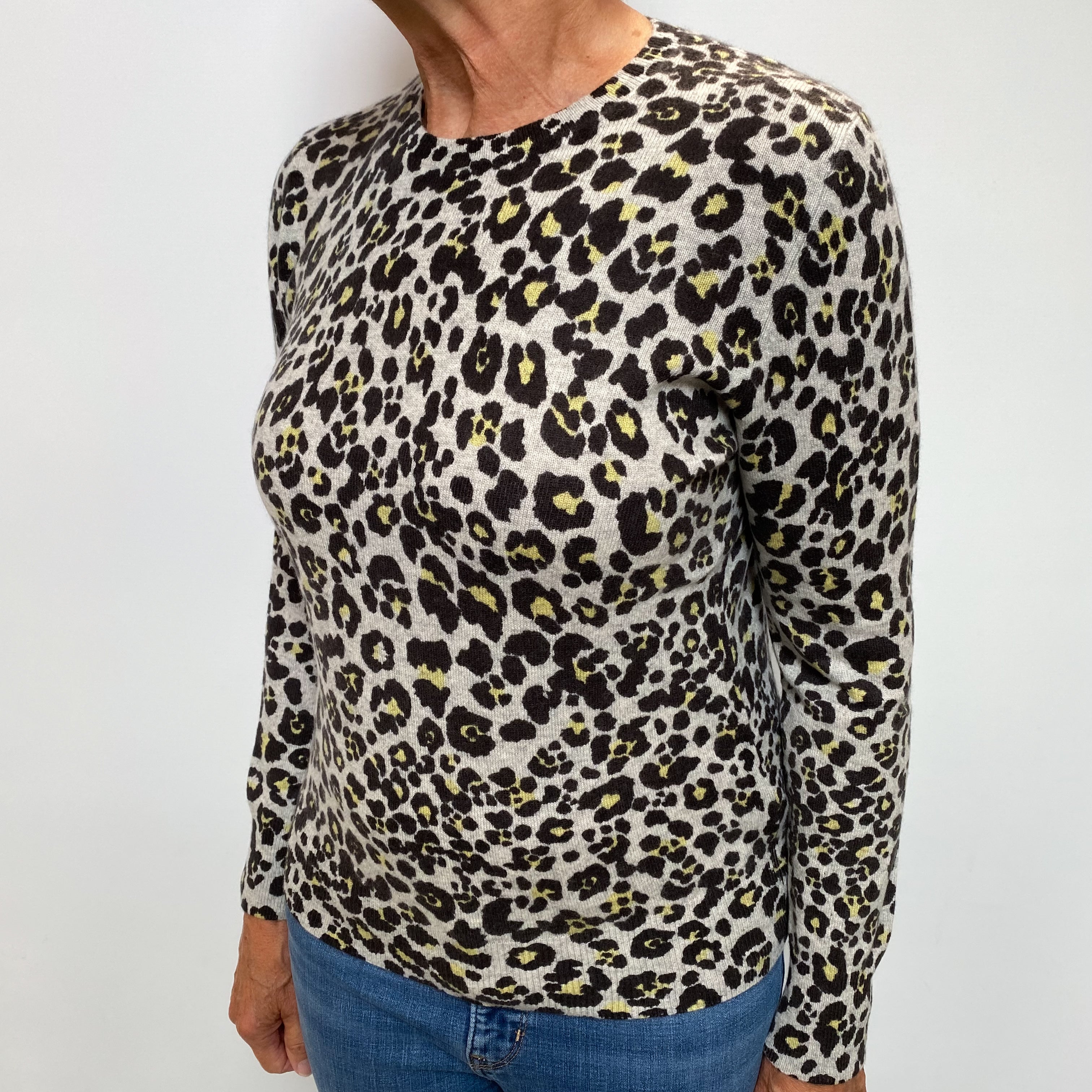 Grey and Yellow Leopard Cashmere Crew Neck Jumper Medium
