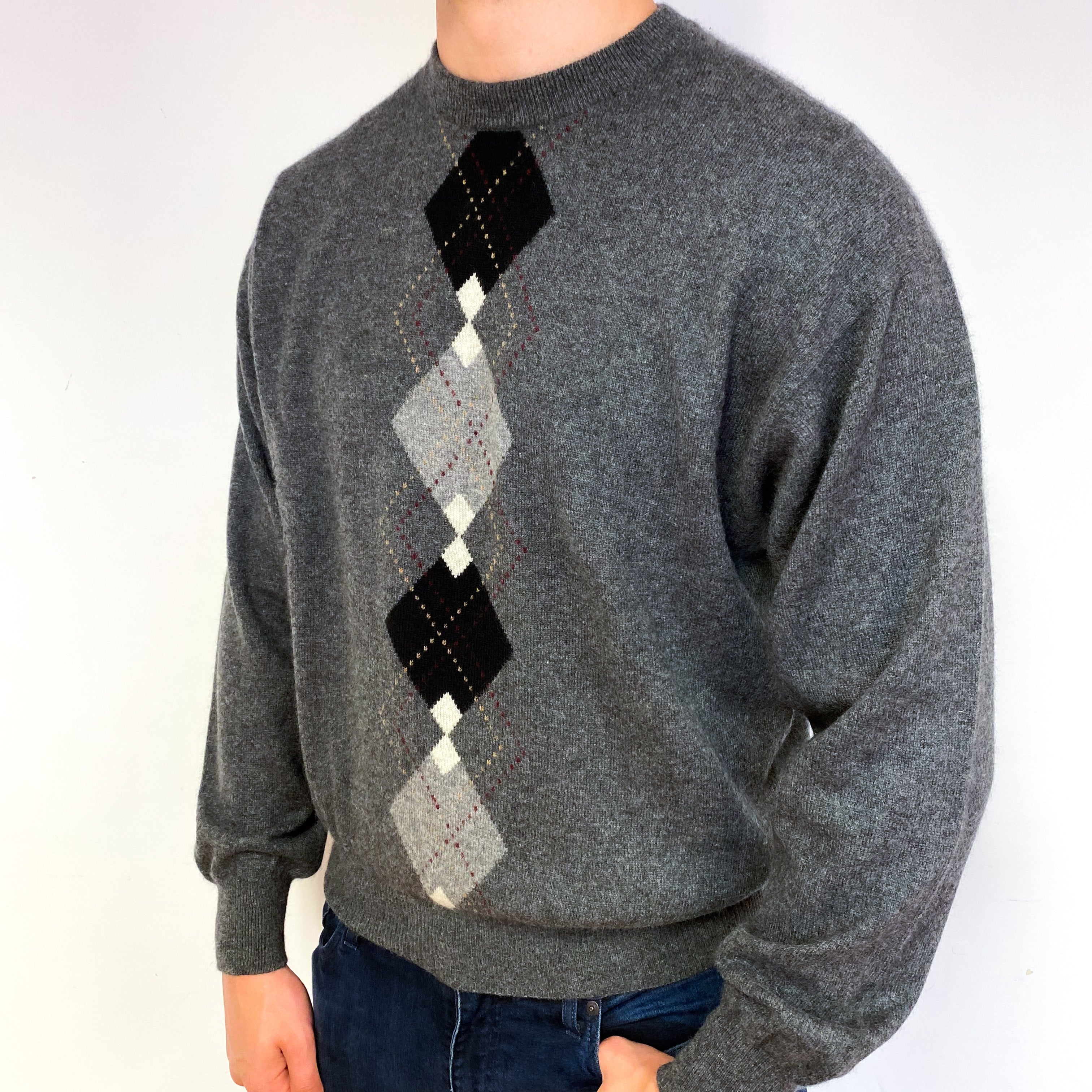 Men's Slate Grey Diamond Cashmere Crew Neck Jumper Extra Large