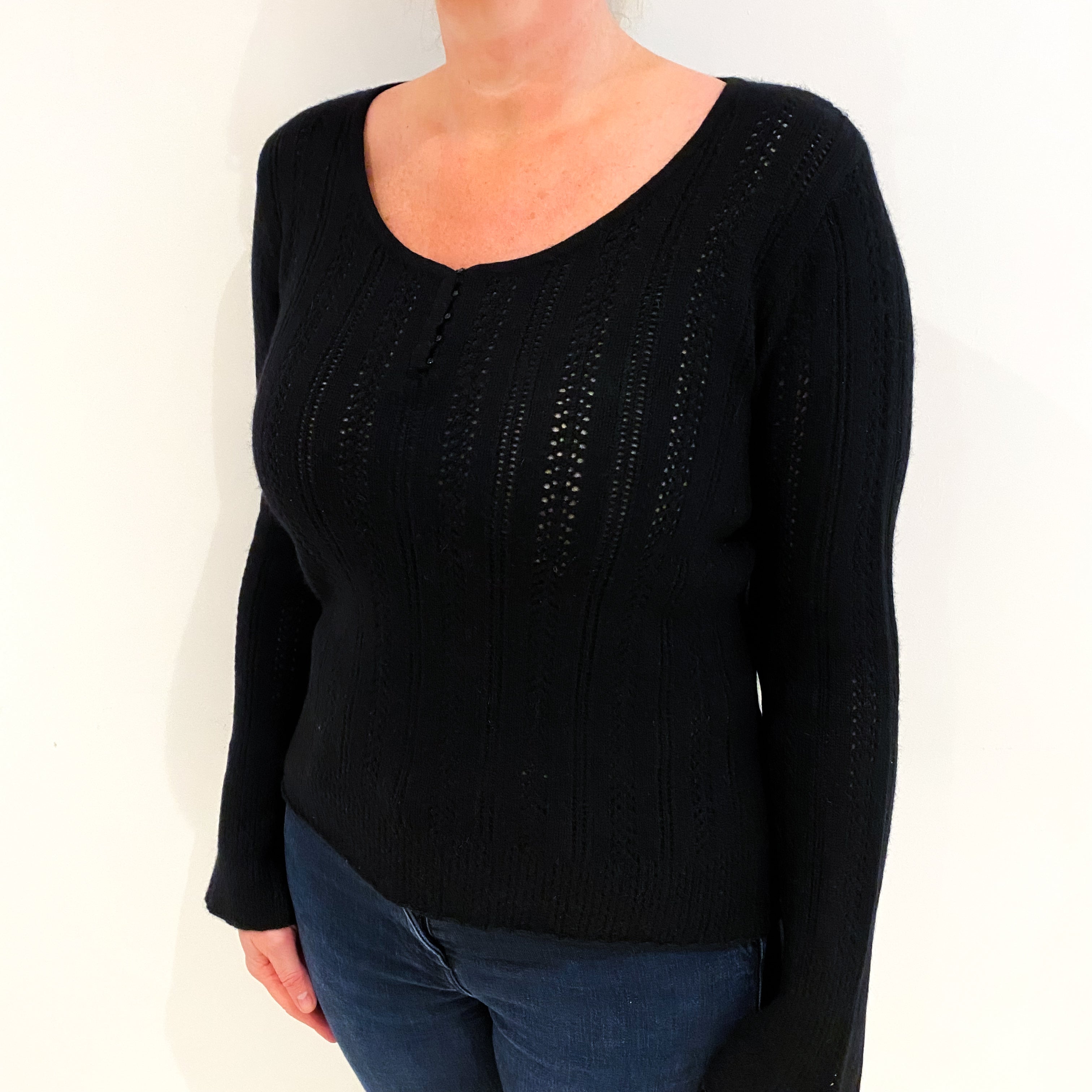 Black Cashmere Lace Knit Scoop Neck Jumper Large