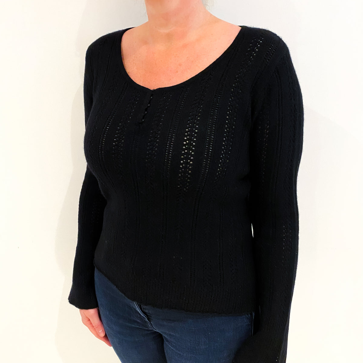 Black Cashmere Lace Knit Scoop Neck Jumper Large