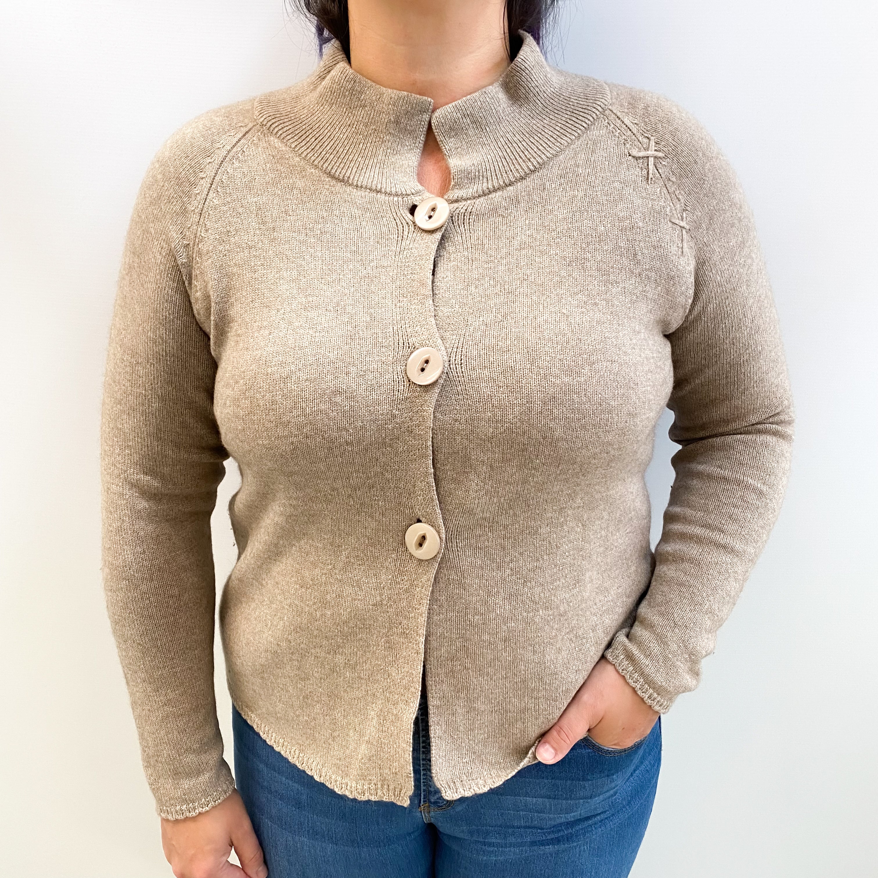 Taupe Brown Cashmere Collared Crew Neck Cardigan Large