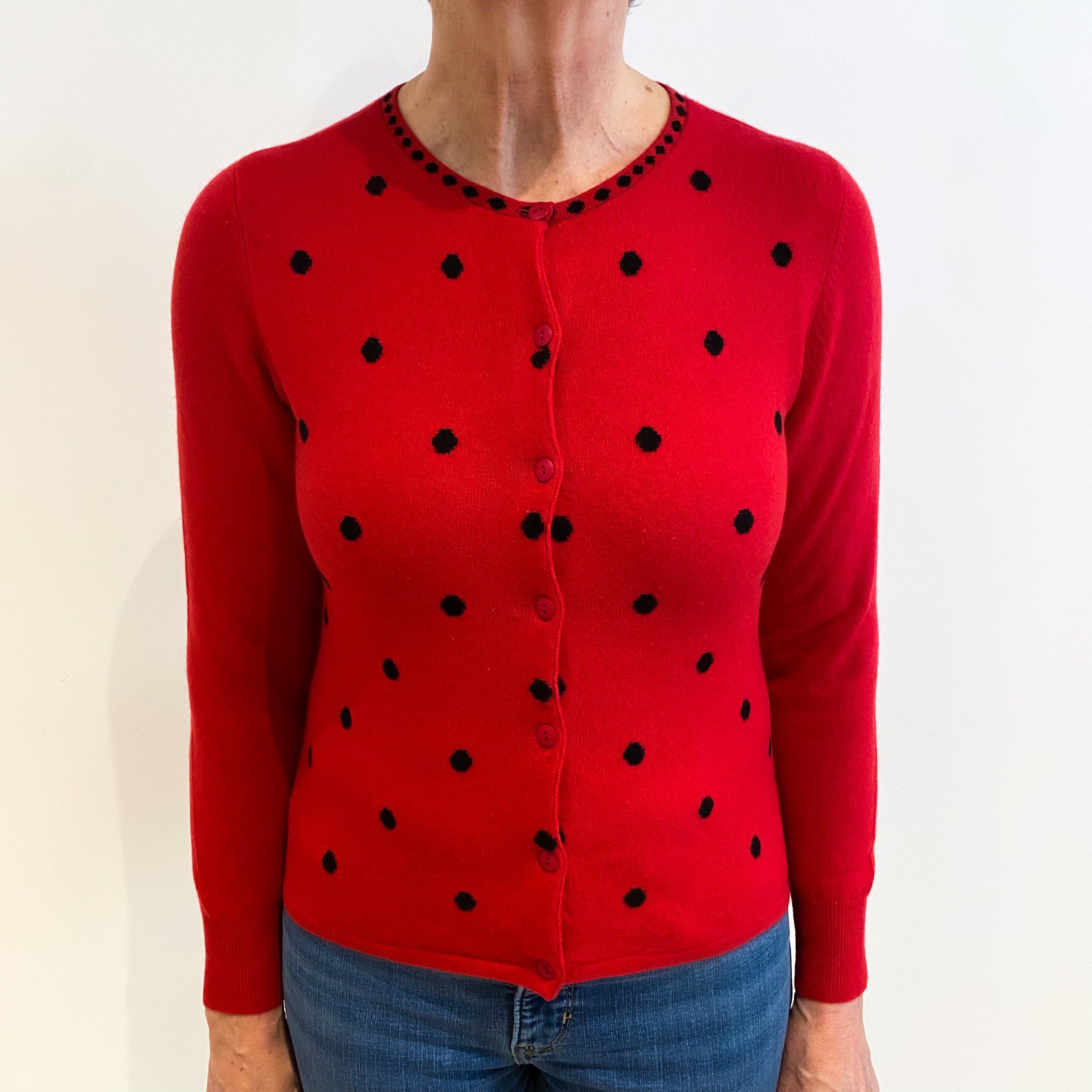 Red And Black Spotted Cashmere Cardigan Medium