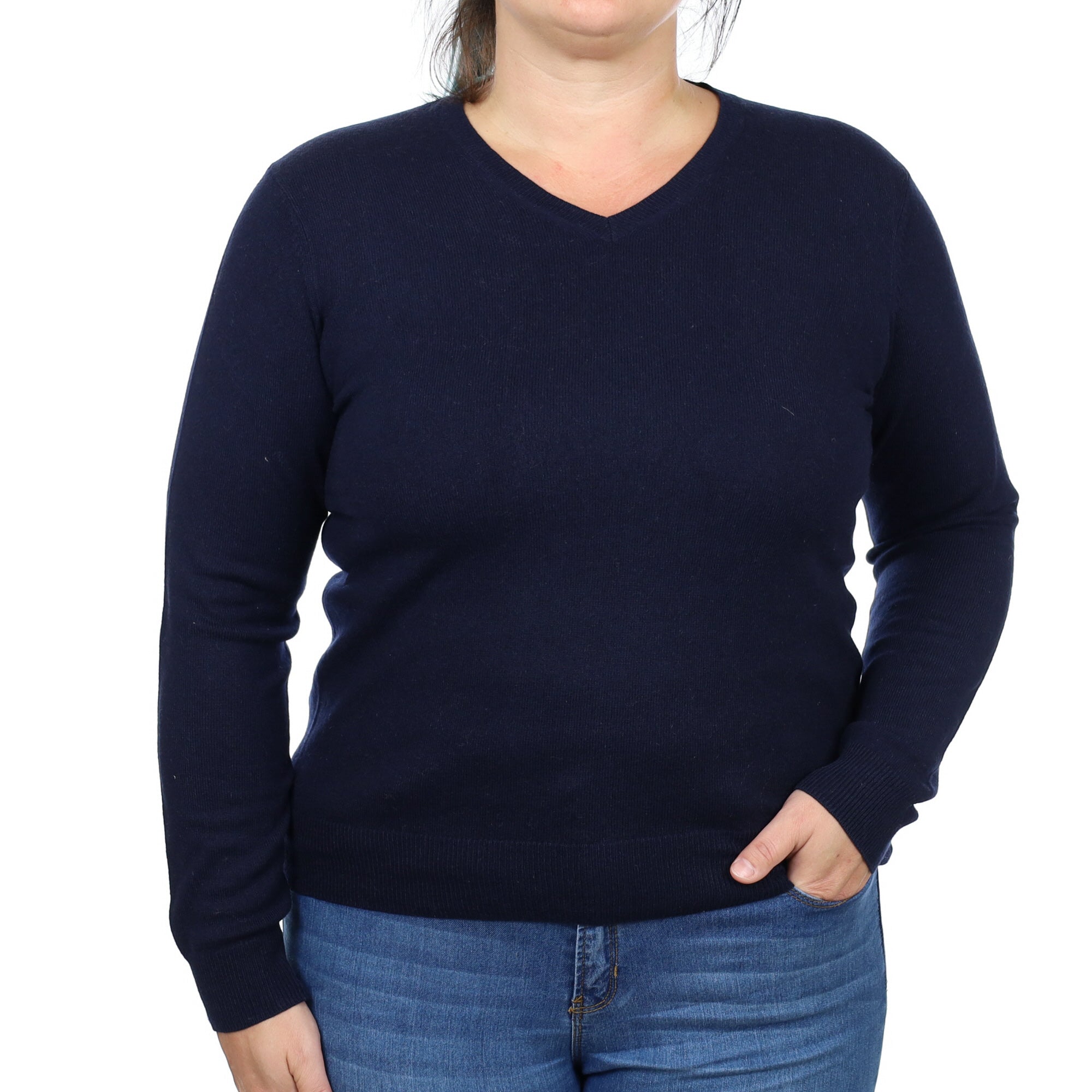 Navy Blue Cashmere V Neck Jumper Large