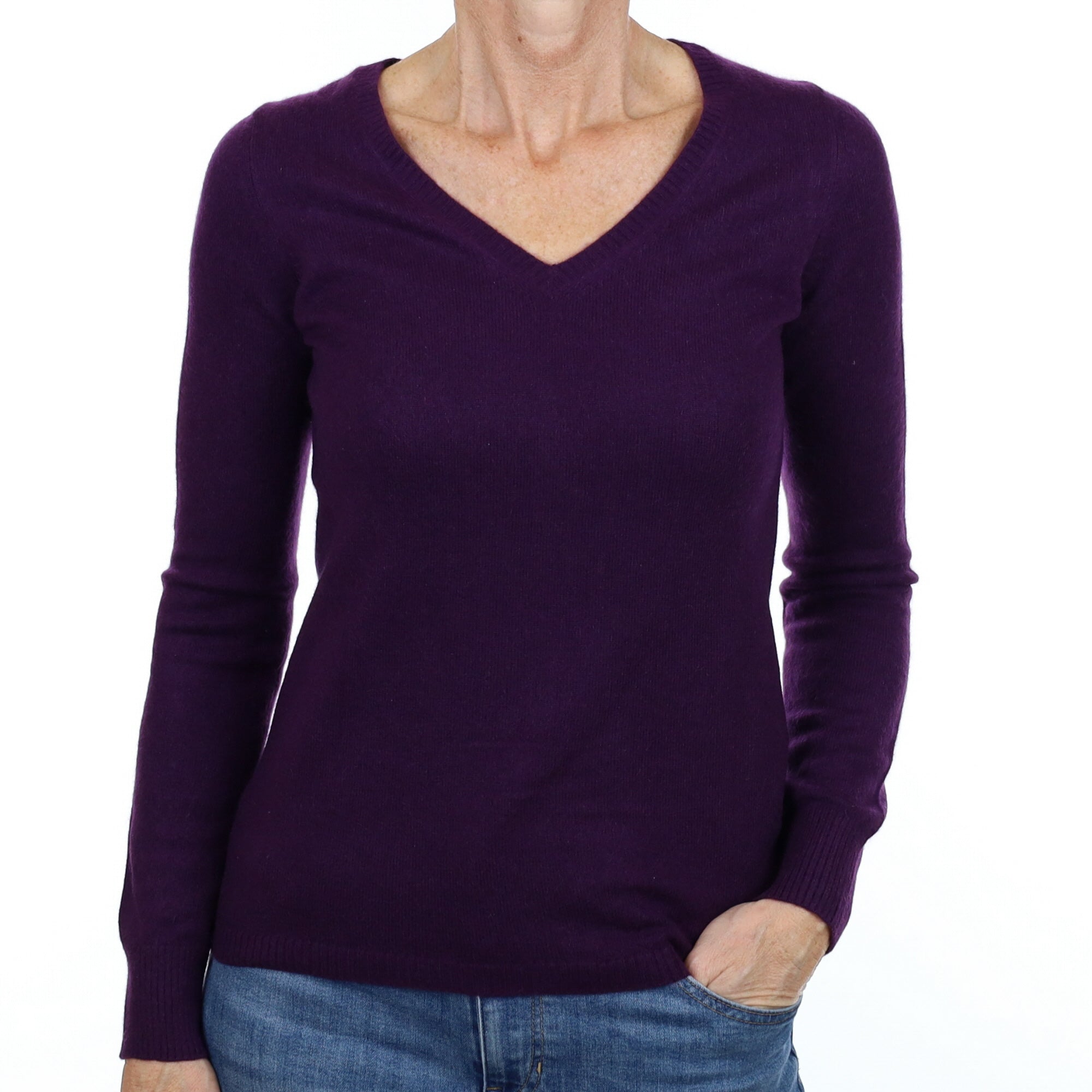 Blueberry Purple Cashmere V Neck Jumper Small