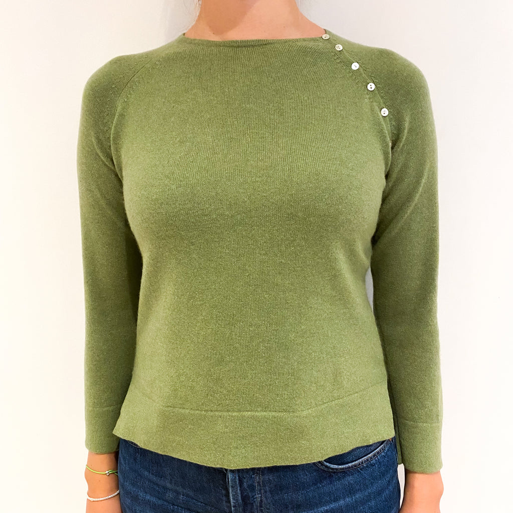 Pear Green Cashmere Buttoned Crew Neck Jumper Small