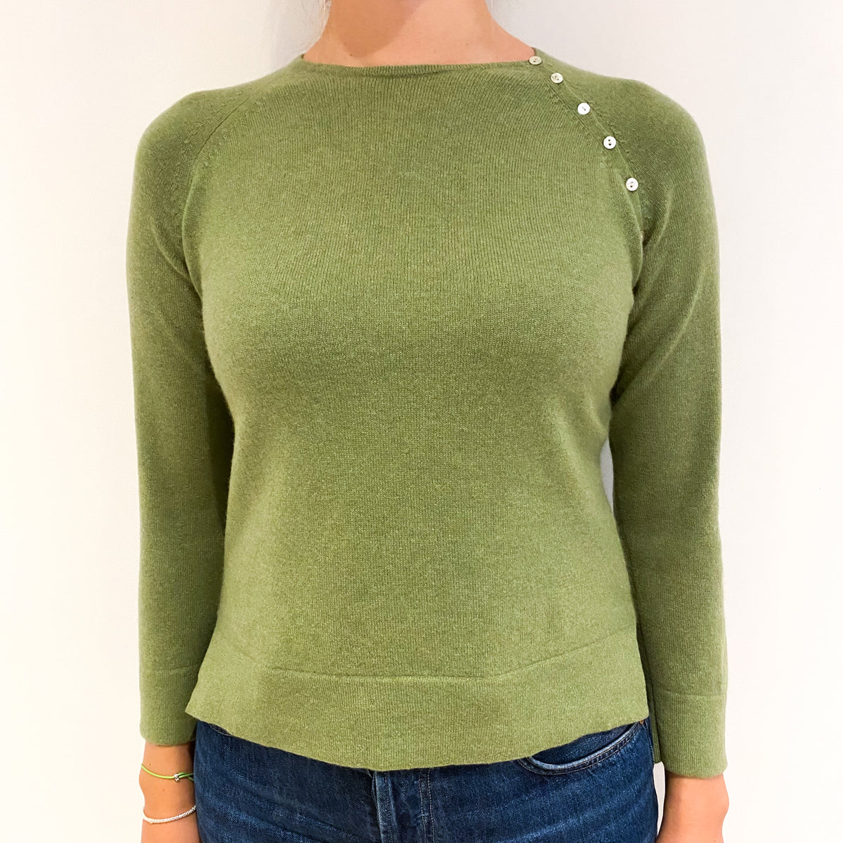 Pear Green Cashmere Buttoned Crew Neck Jumper Small