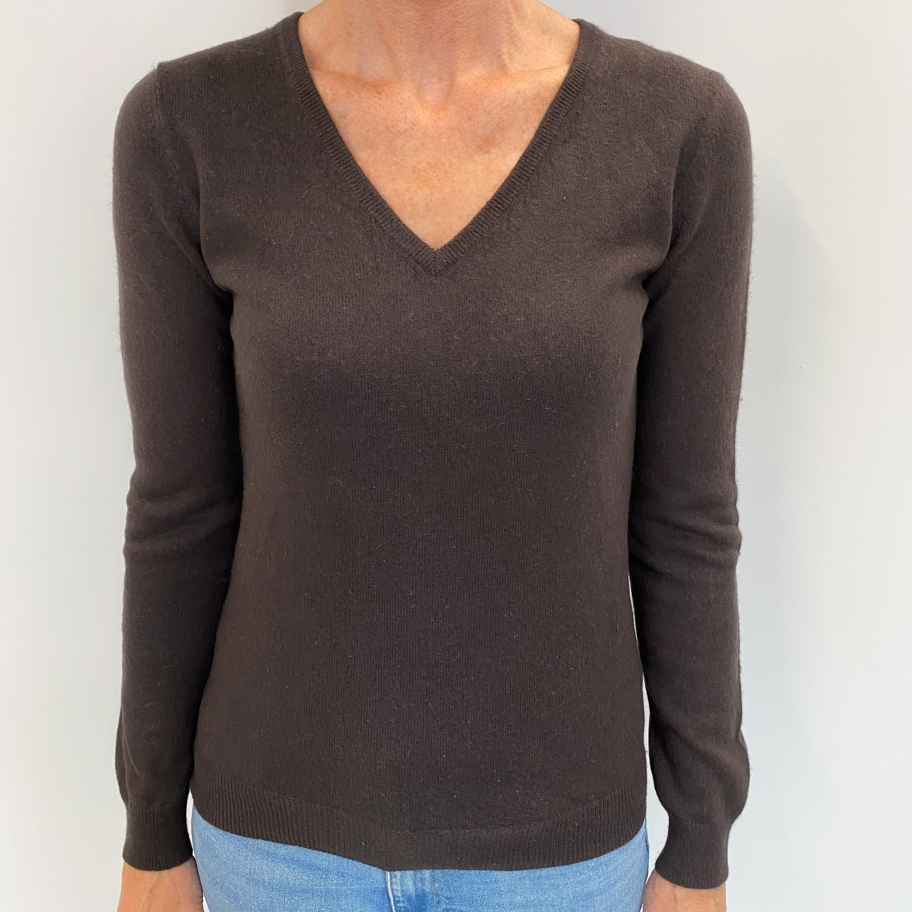 Peppercorn Brown Cashmere V Neck Jumper Small