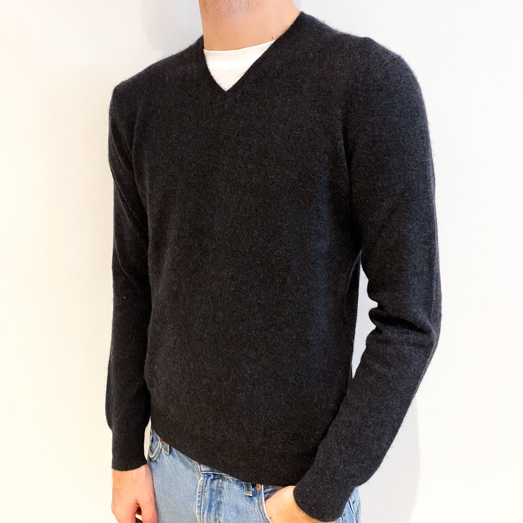 Men's Charcoal Grey Cashmere V Neck Jumper Medium