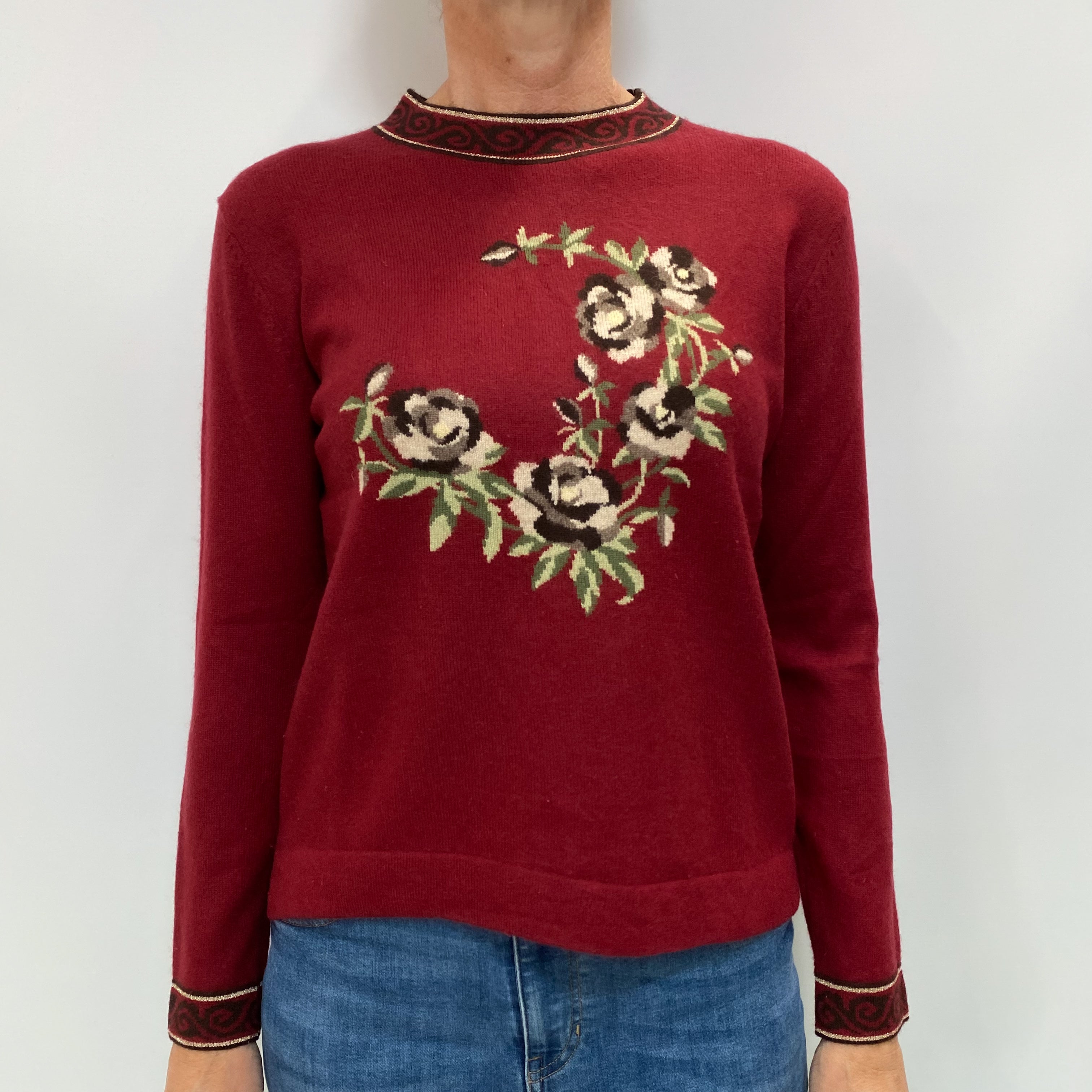 Burgundy Red Floral Cashmere High Crew Neck Jumper Small