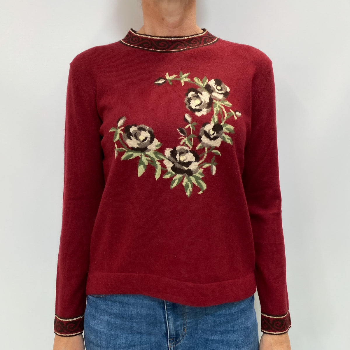 Burgundy Red Floral Cashmere High Crew Neck Jumper Small