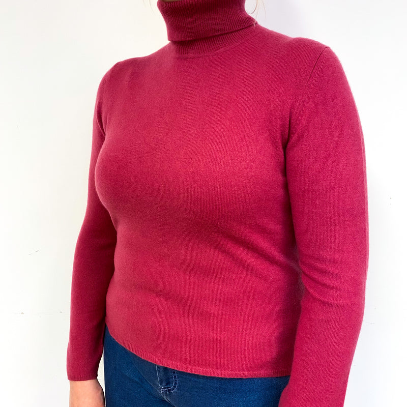 Raspberry Pink Cashmere Polo Neck Jumper Large