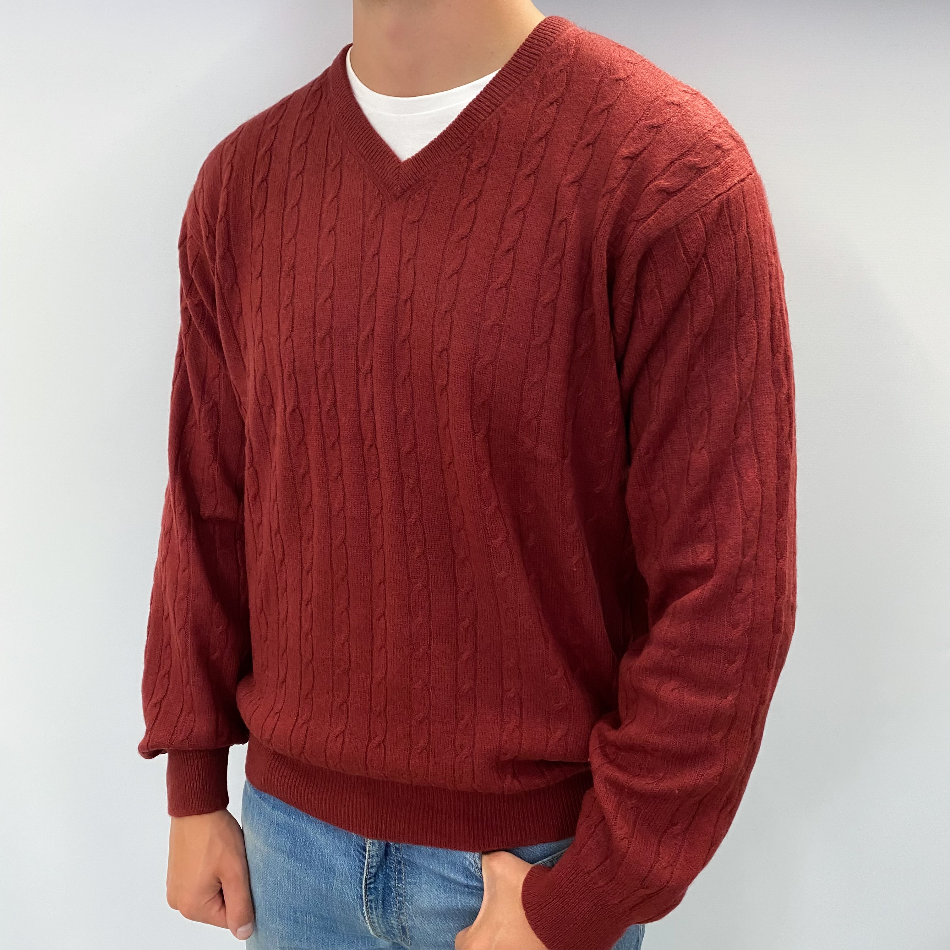 Men's Brick Red Cashmere V Neck Cable Knit Jumper XL