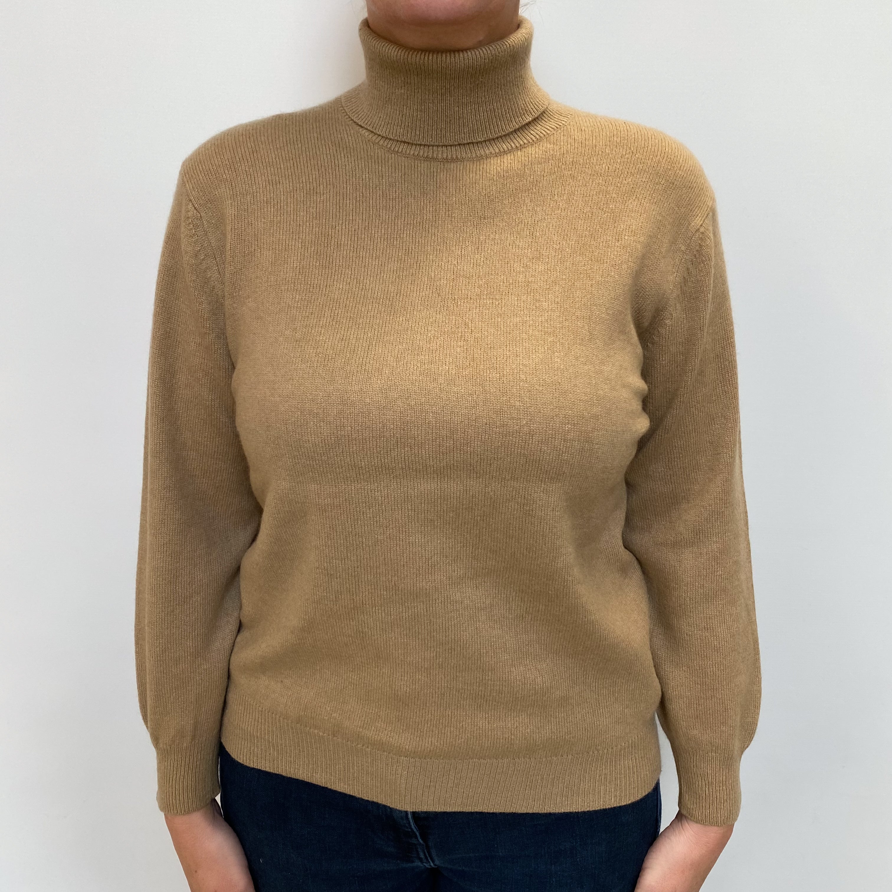 Camel Brown Cashmere Polo Neck Jumper Large