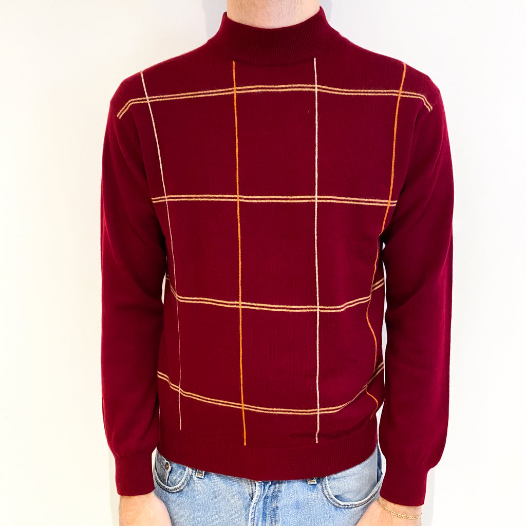 Men's Burgundy Red Patterned Cashmere Turtle Neck Jumper Medium