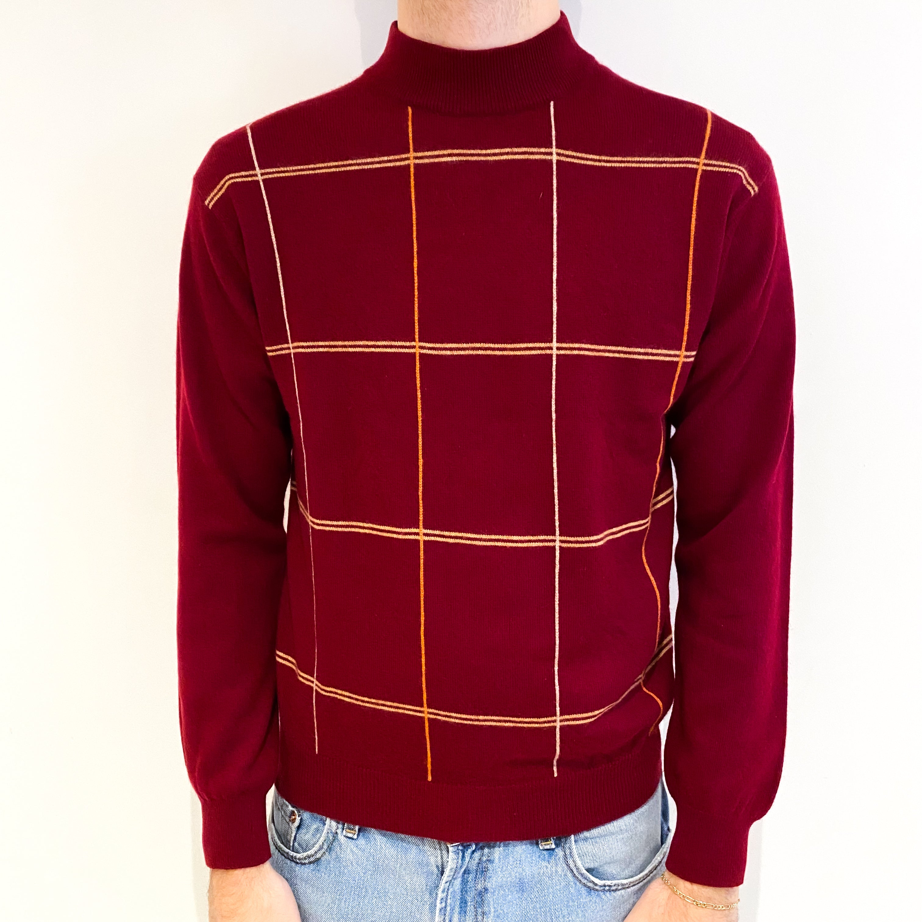 Men's Burgundy Red With Orange And Beige Stripe Cashmere Turtle Neck Jumper Medium