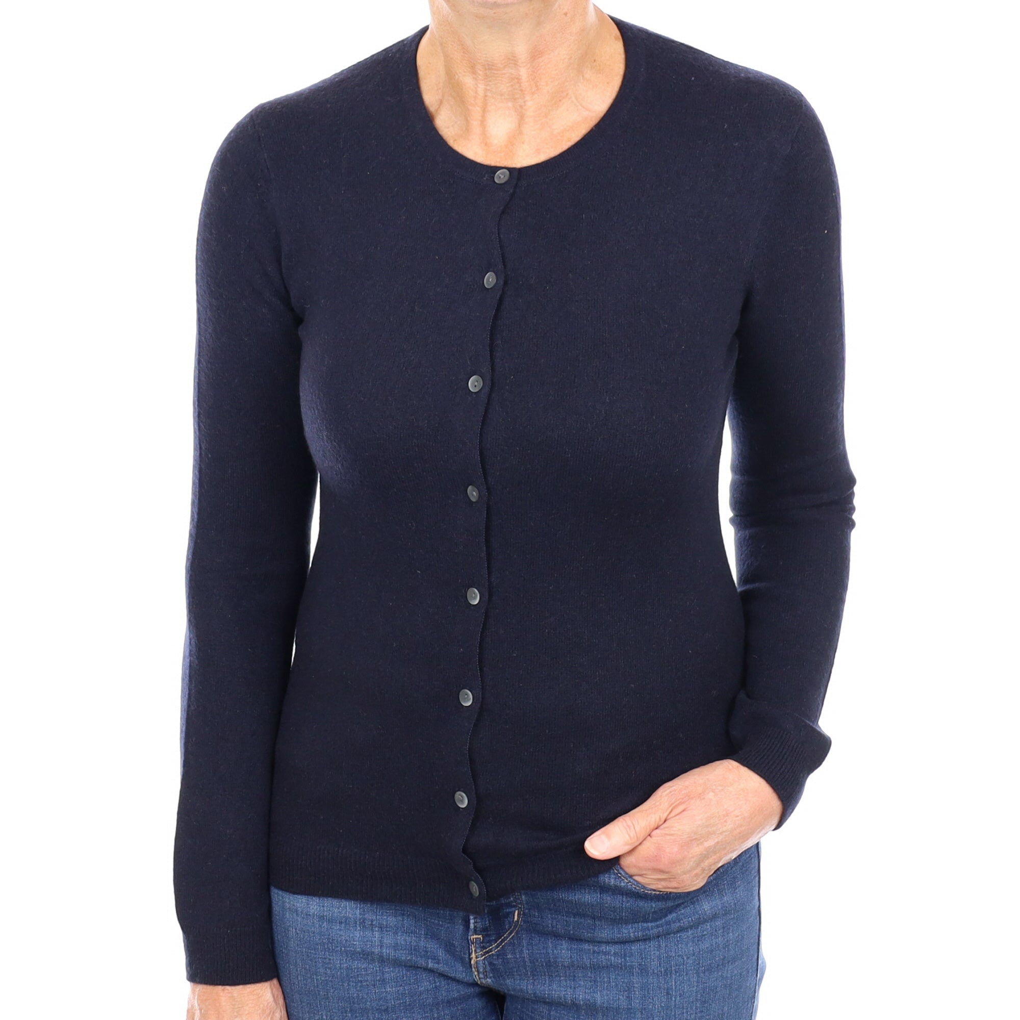 Navy Blue Cashmere Crew Neck Cardigan Medium