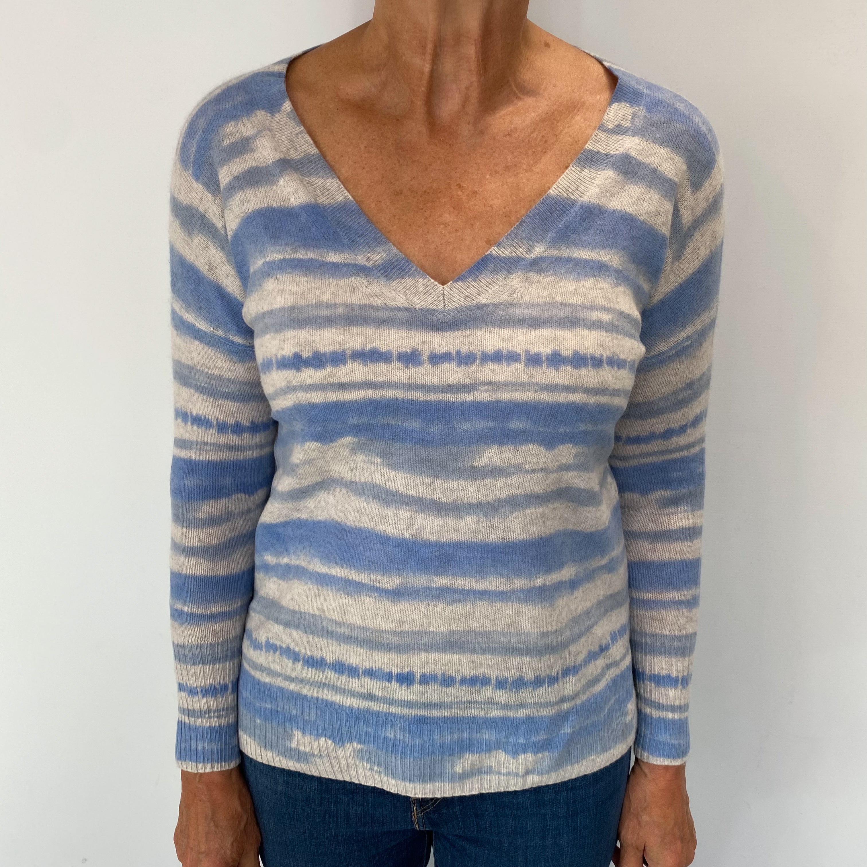 Sky Blue Striped Cashmere V Neck Jumper Medium
