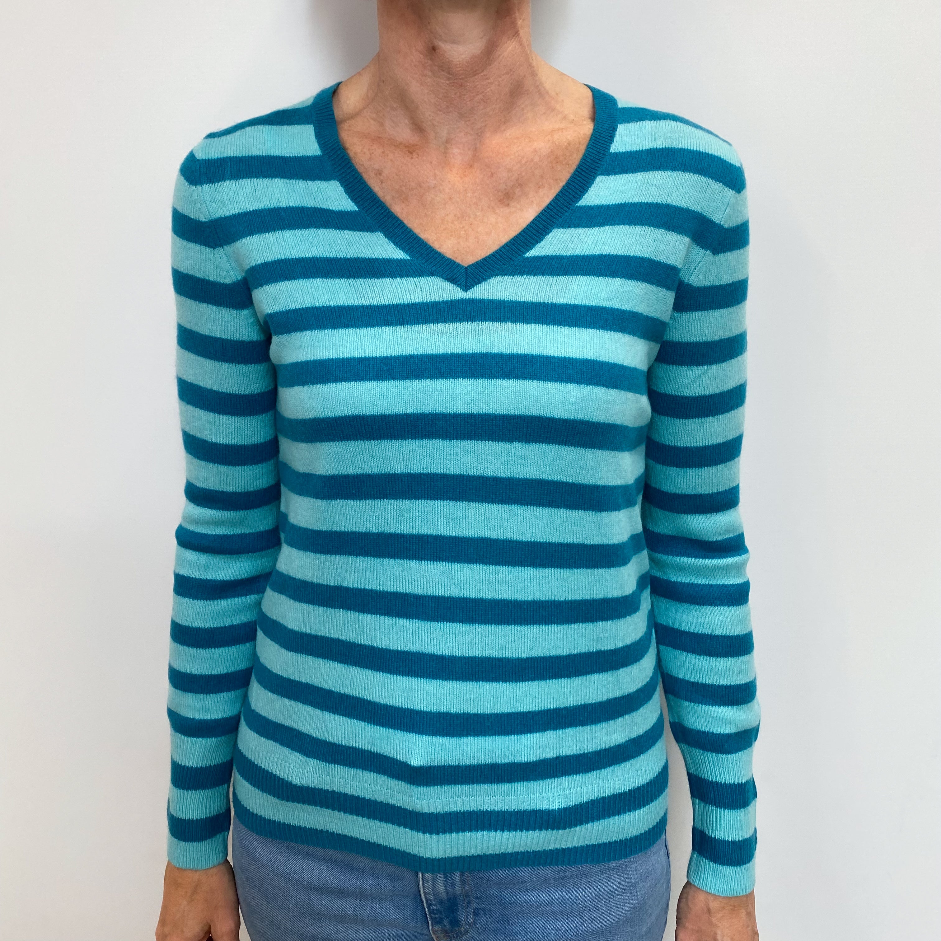 Aqua Blue Stripe Cashmere V Neck Jumper Small