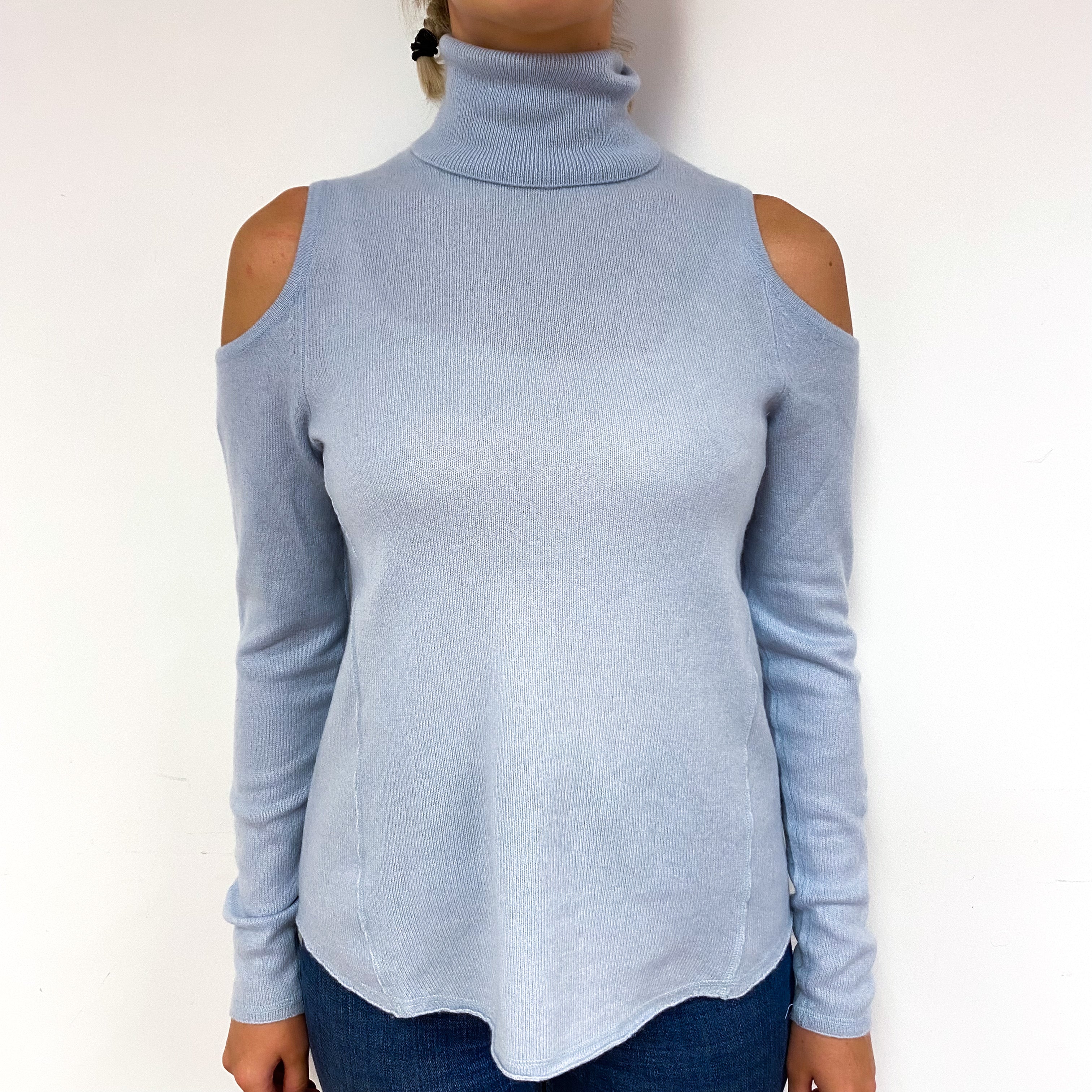 Powder Blue Cold Shoulder Cashmere Polo Neck Jumper Small