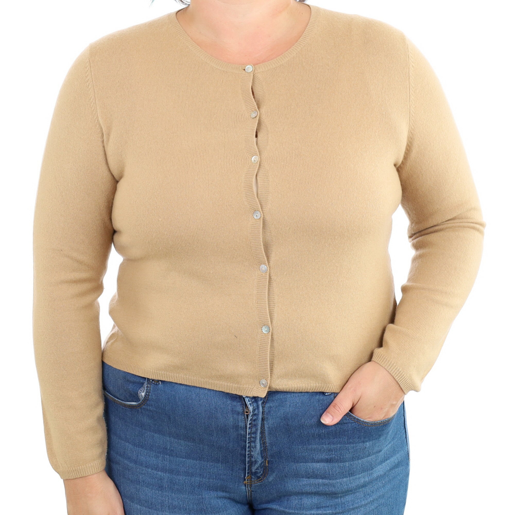 Camel Brown Cashmere Crew Neck Cardigan Large