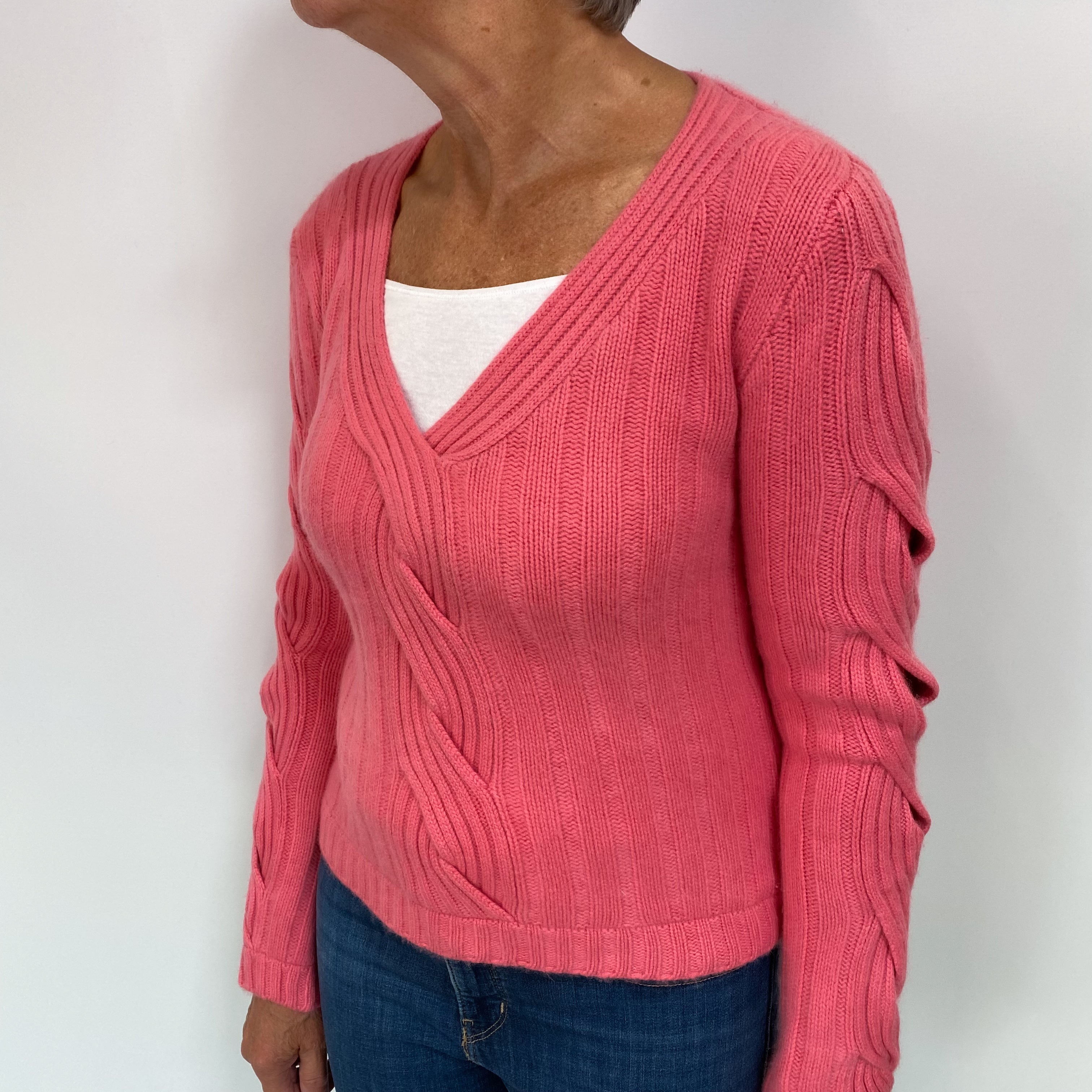 Flamingo Pink Cashmere V Neck Jumper Medium