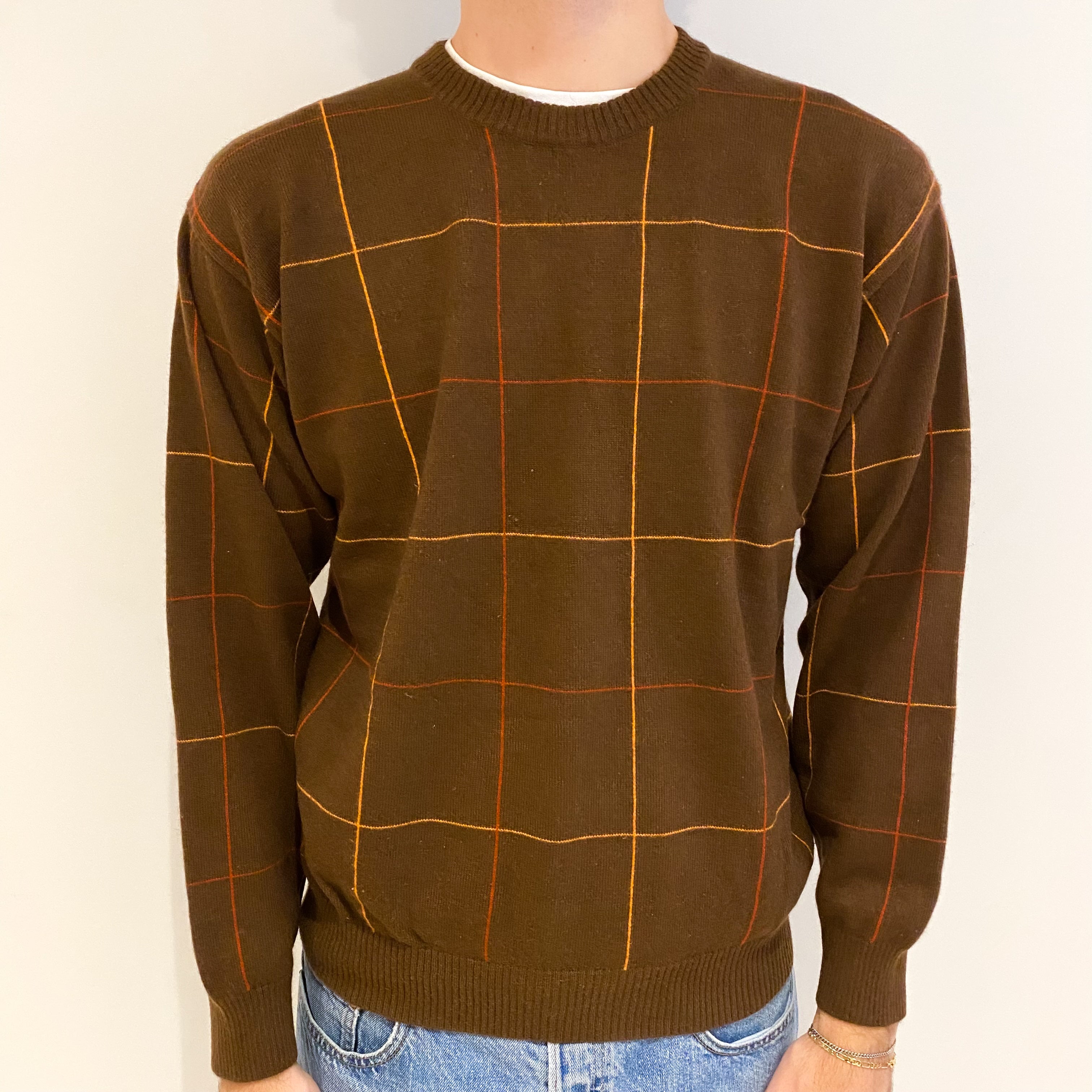 Men's Russet Brown Checked Cashmere Crew Neck Jumper Large
