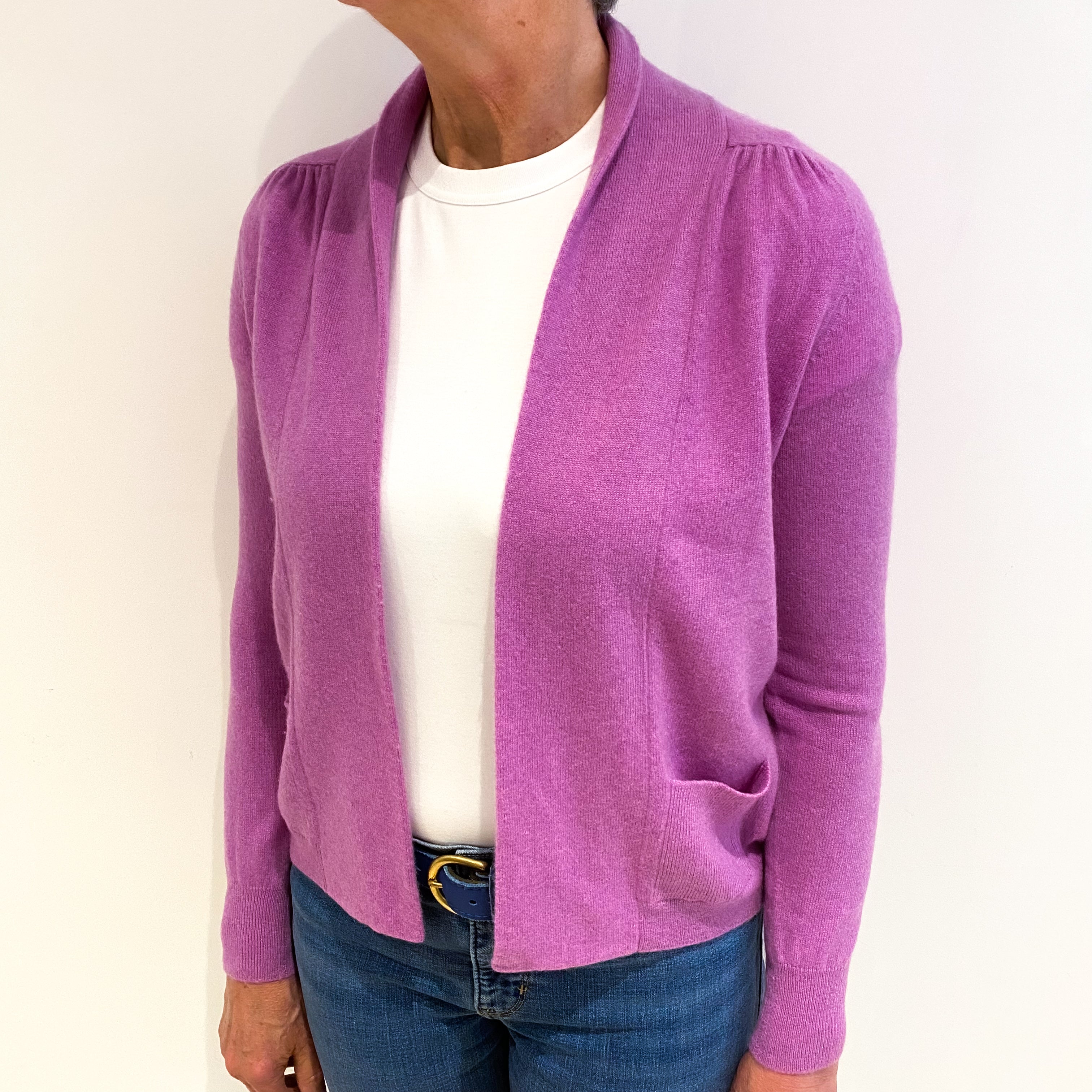 Loganberry Pink Cashmere Edge To Edge Cardigan With Pockets Medium