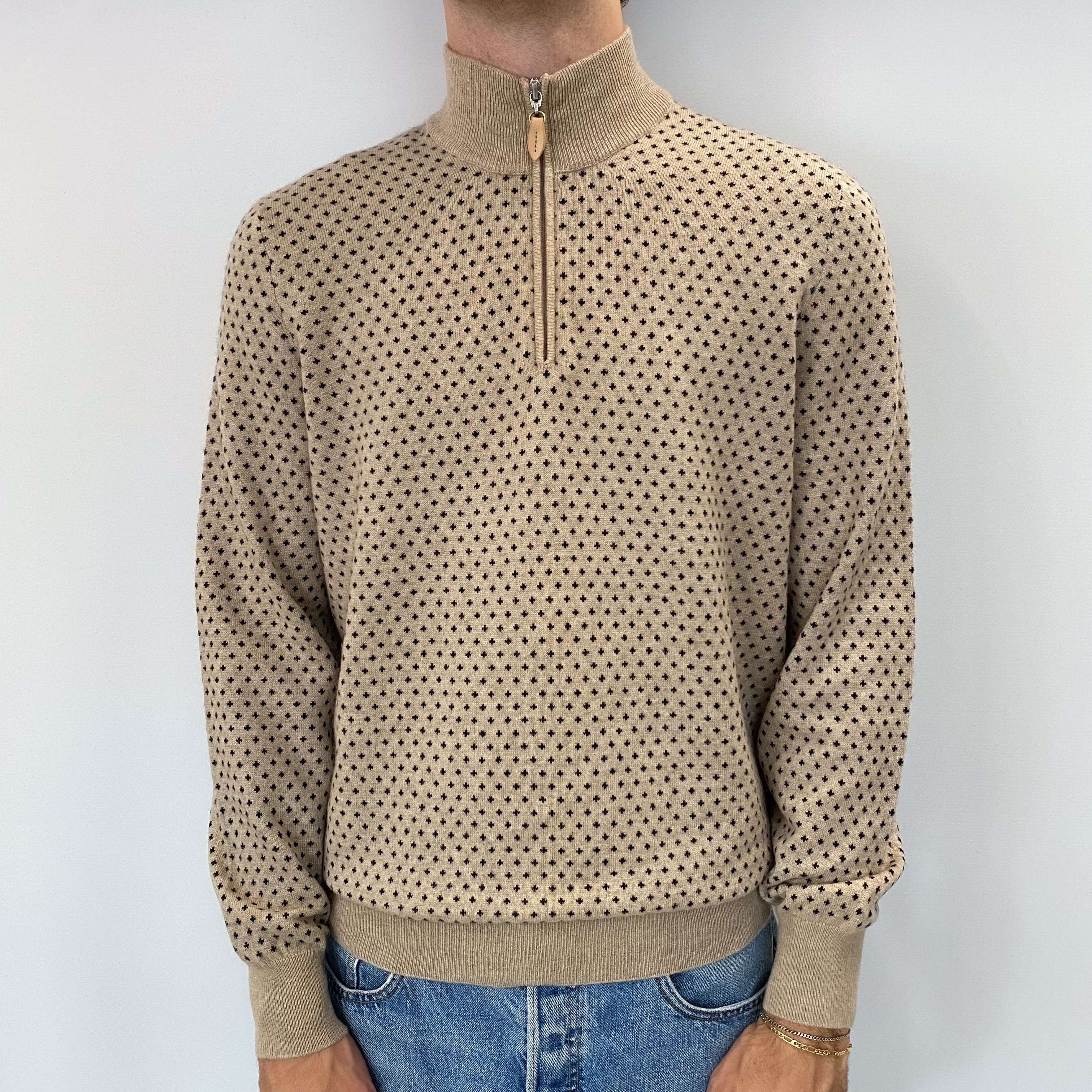 Men's Brunello Cucinelli Biscuit Beige Cashmere Quarter Zip Jumper Large