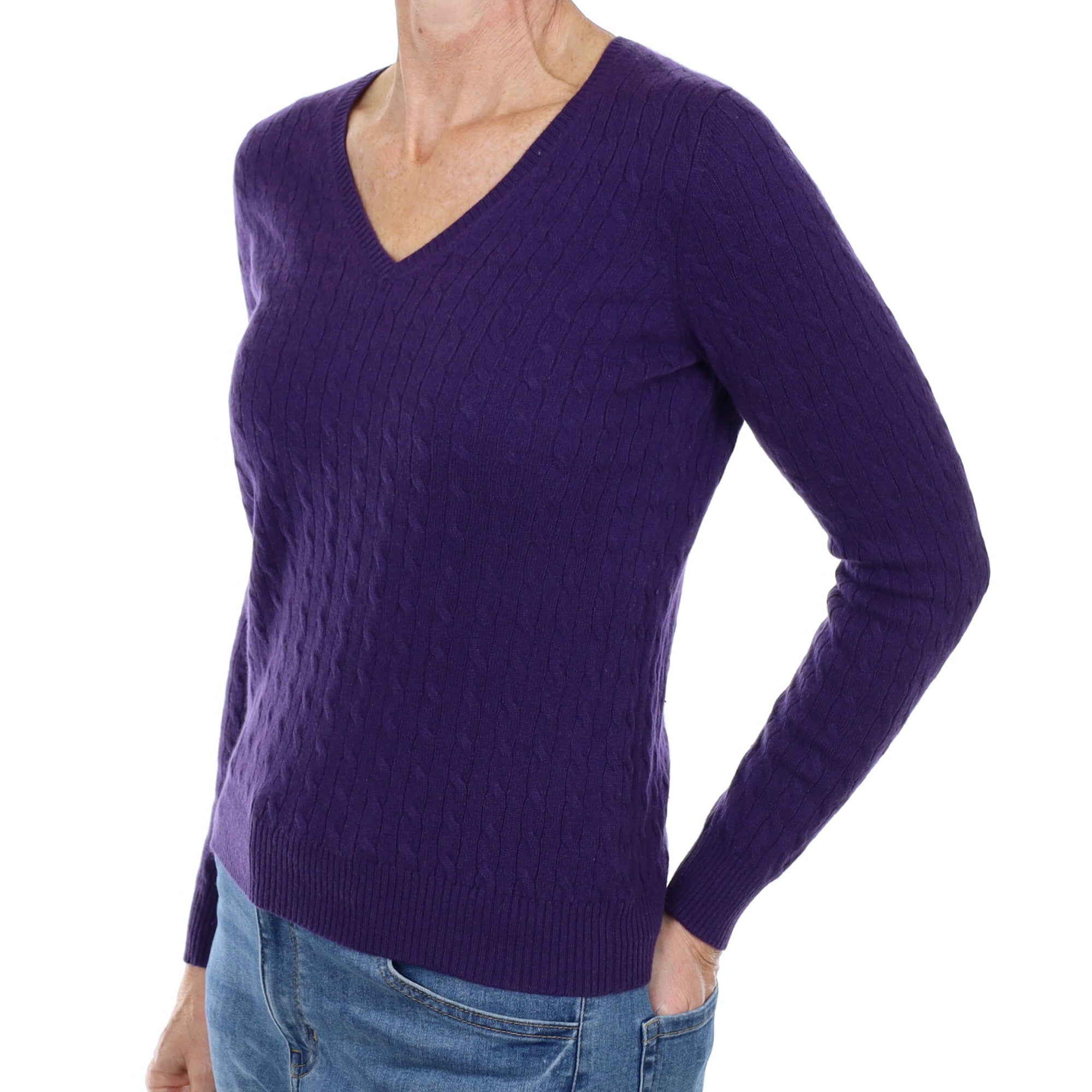 Grape Purple Cashmere V Neck Cable Knit Jumper Small